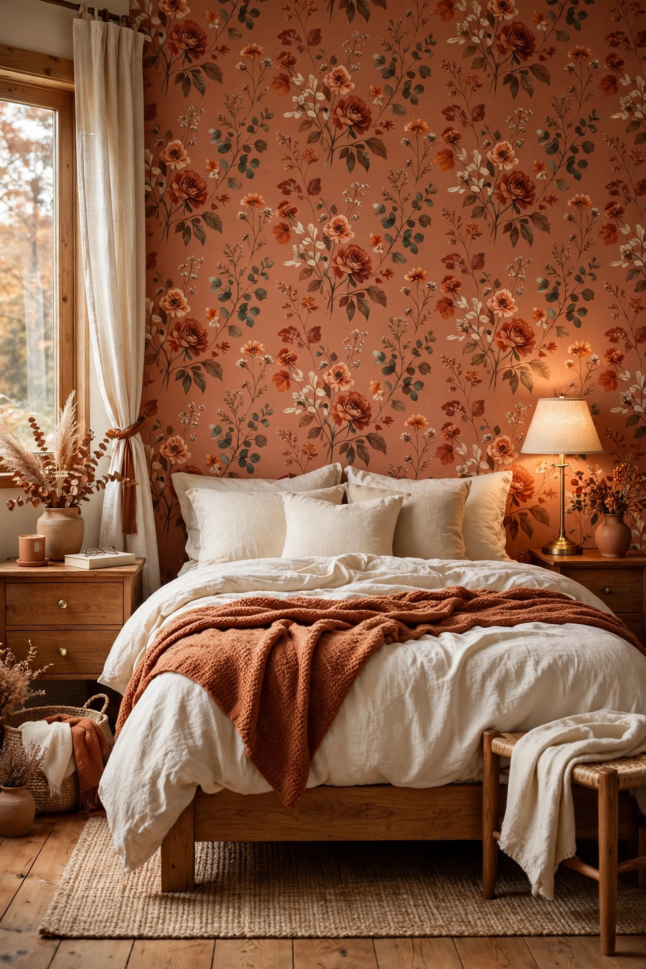 Cozy bedroom with terracotta and rust autumn floral wallpaper