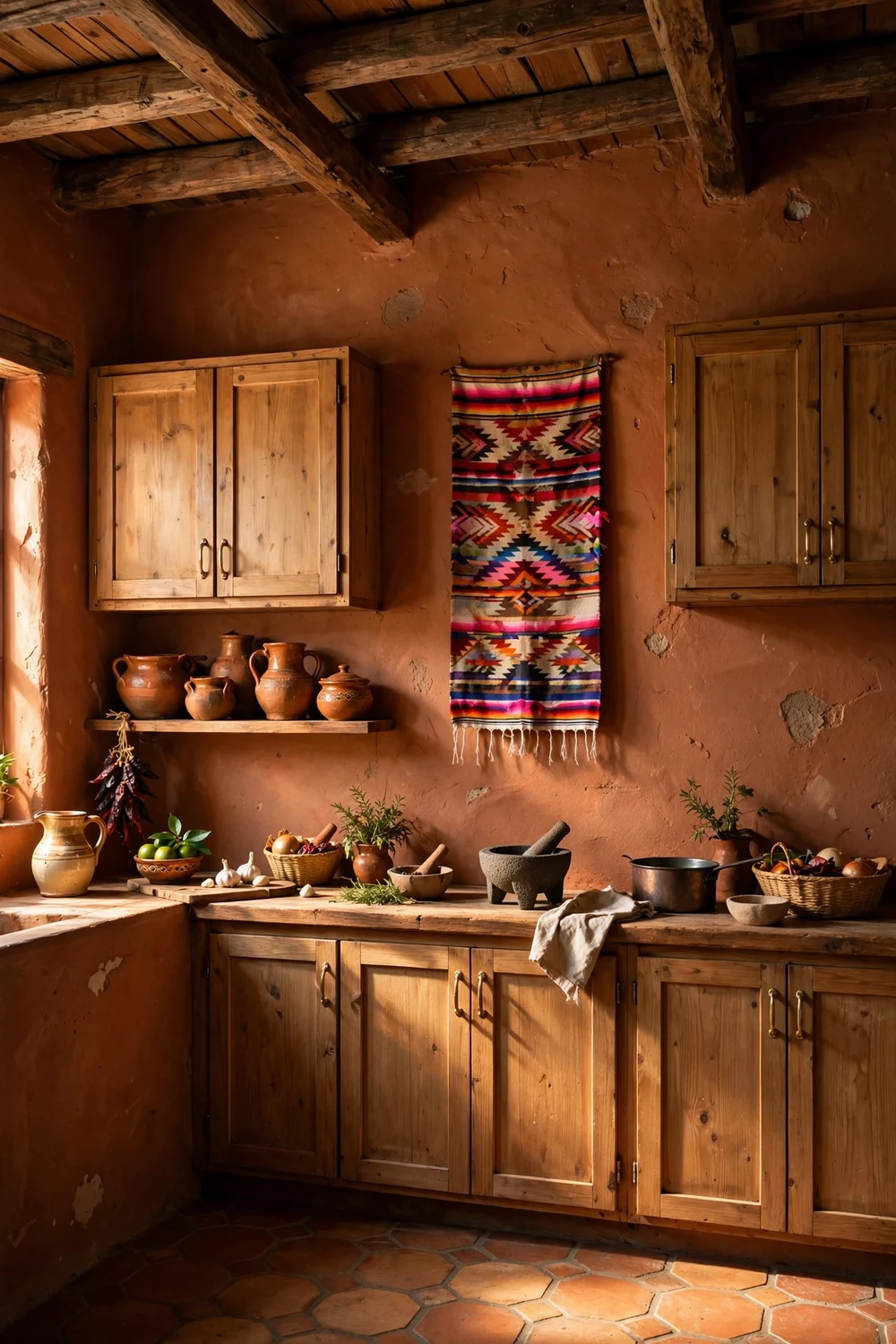Warm terracotta plaster walls in a Mexican style kitchen with wooden beams