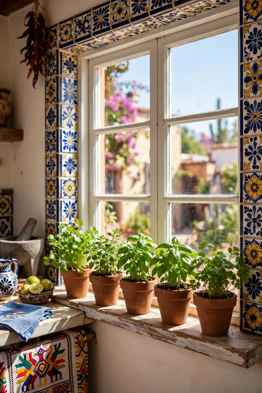 Terracotta clay pots with fresh herbs on a kitchen windowsill