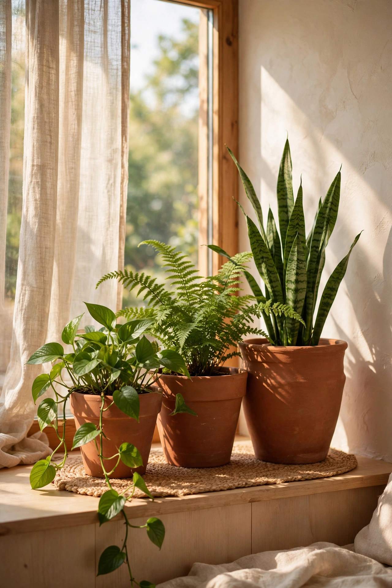 Cluster of terracotta pots with green plants by a bright living room window