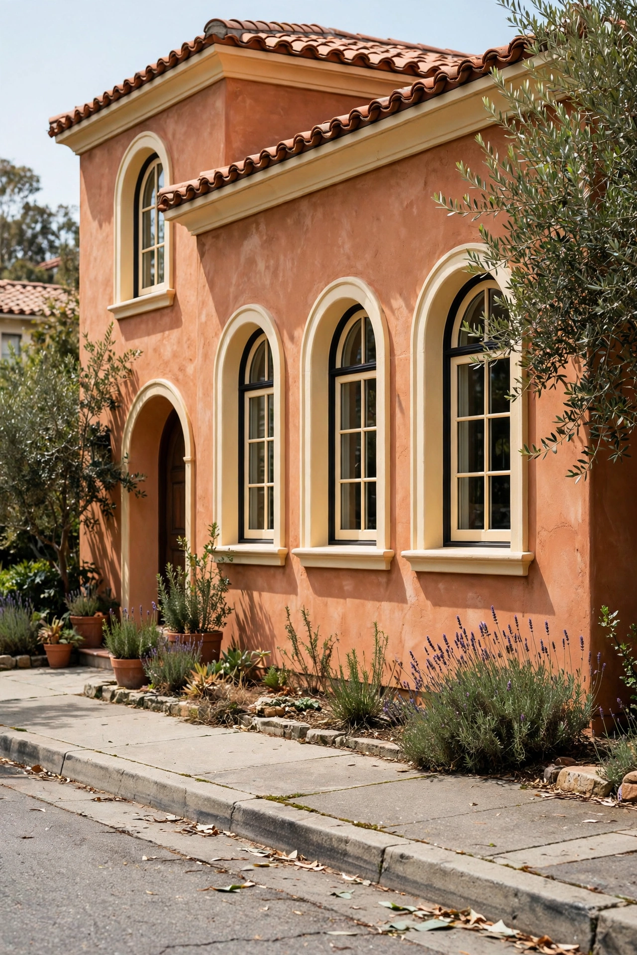 Terracotta stucco Mediterranean house with warm cream trim and arched windows