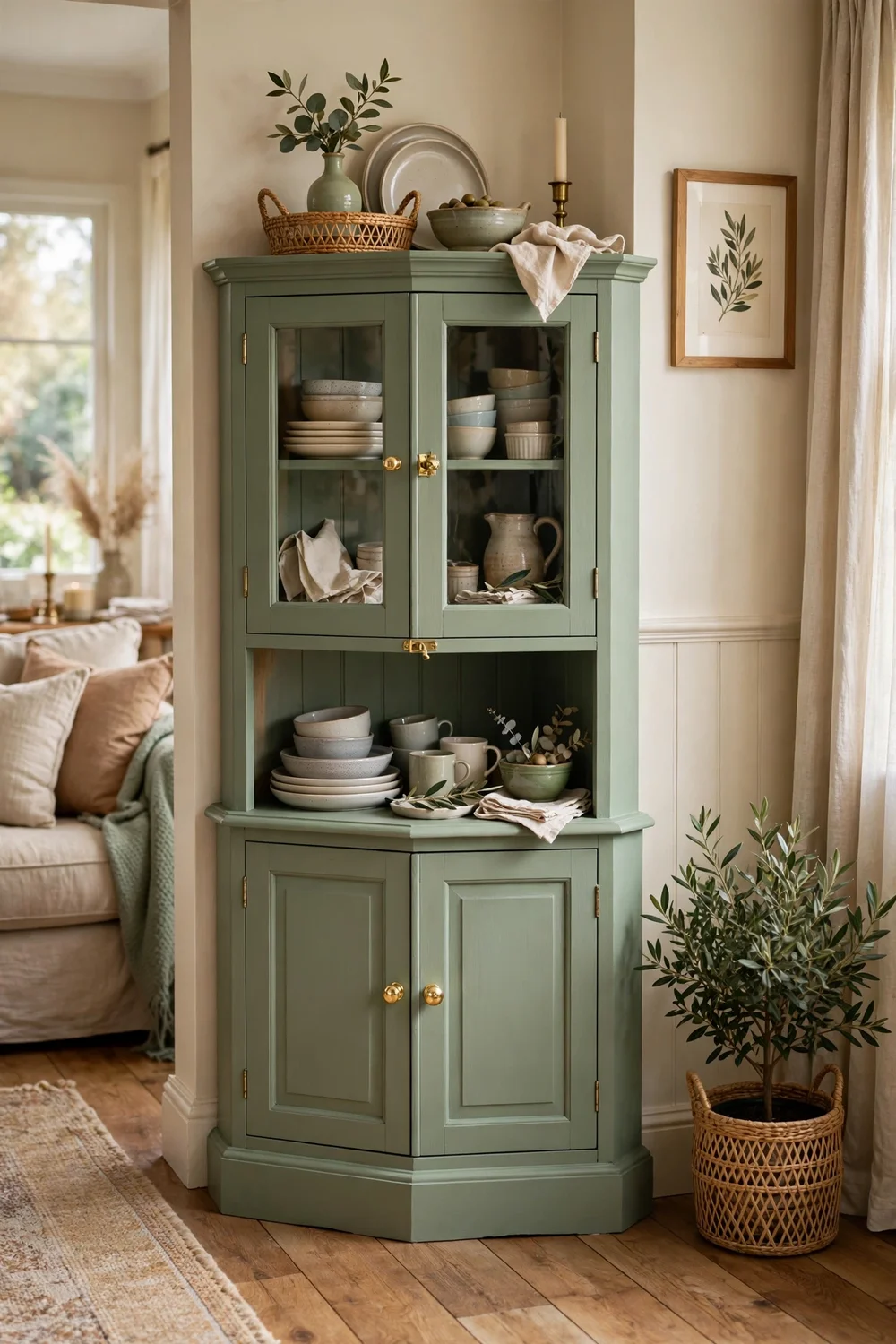 Thrifted wooden corner cabinet freshly painted sage green with new brass hardware