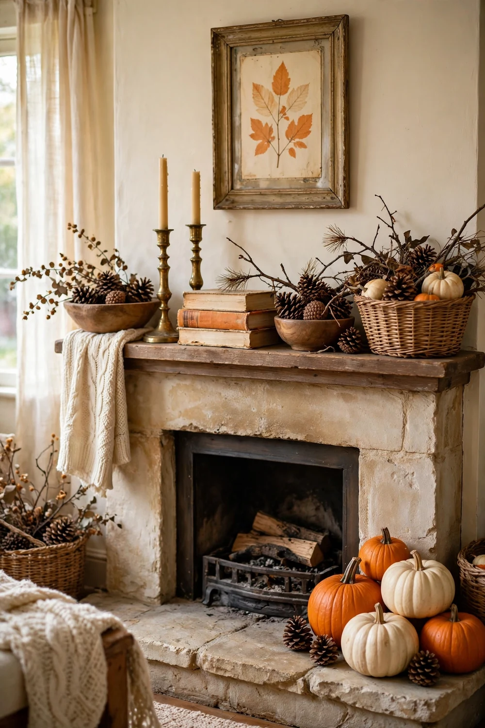 Thrifted brass candlesticks books and foraged decor on a budget fall mantel