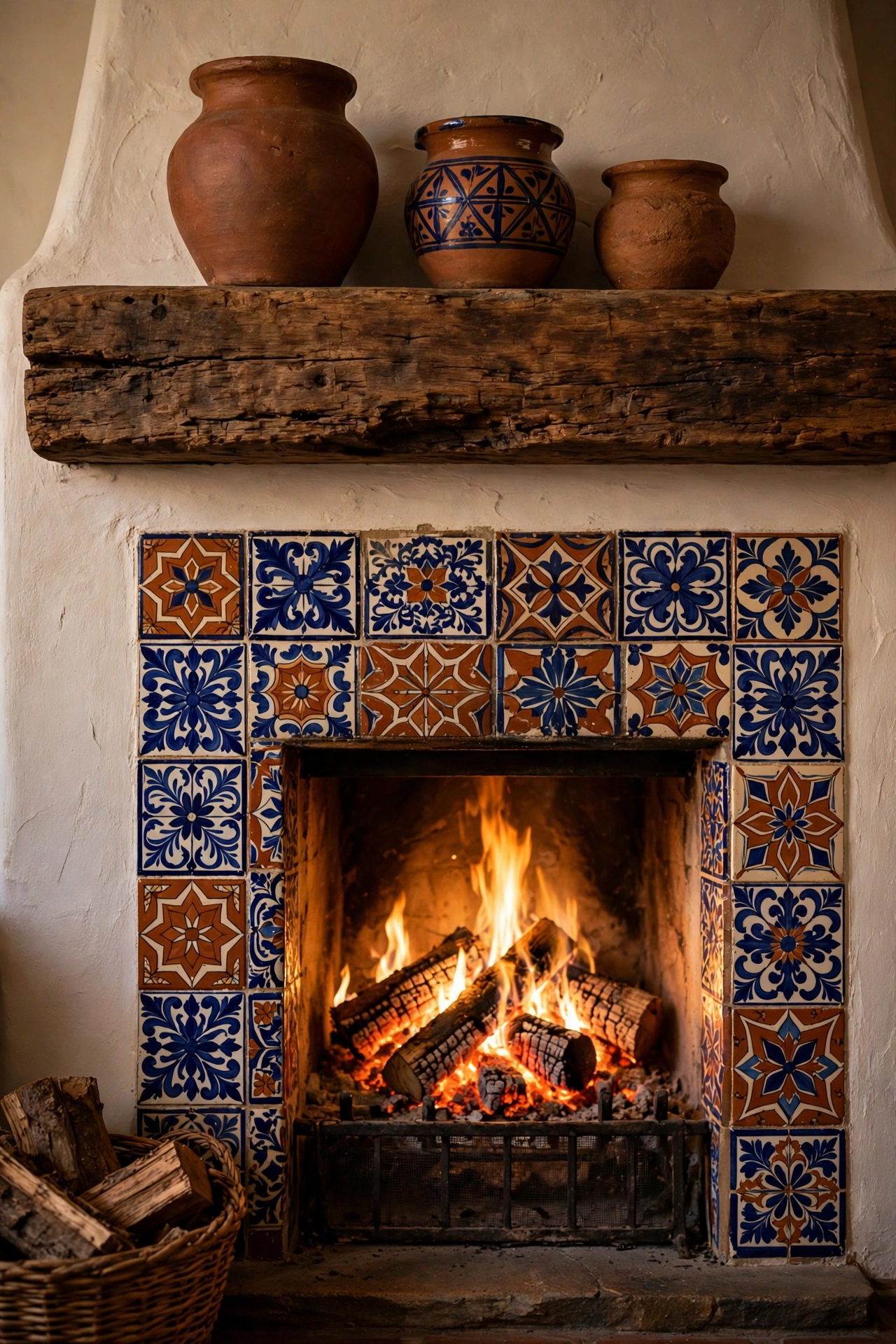 Fireplace with hand-painted Mexican tile surround and thick rustic wooden mantel