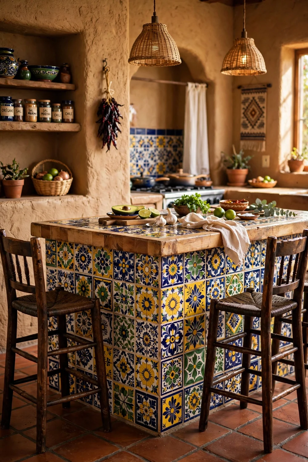 Kitchen island covered in colorful Talavera tiles in a Mexican style kitchen