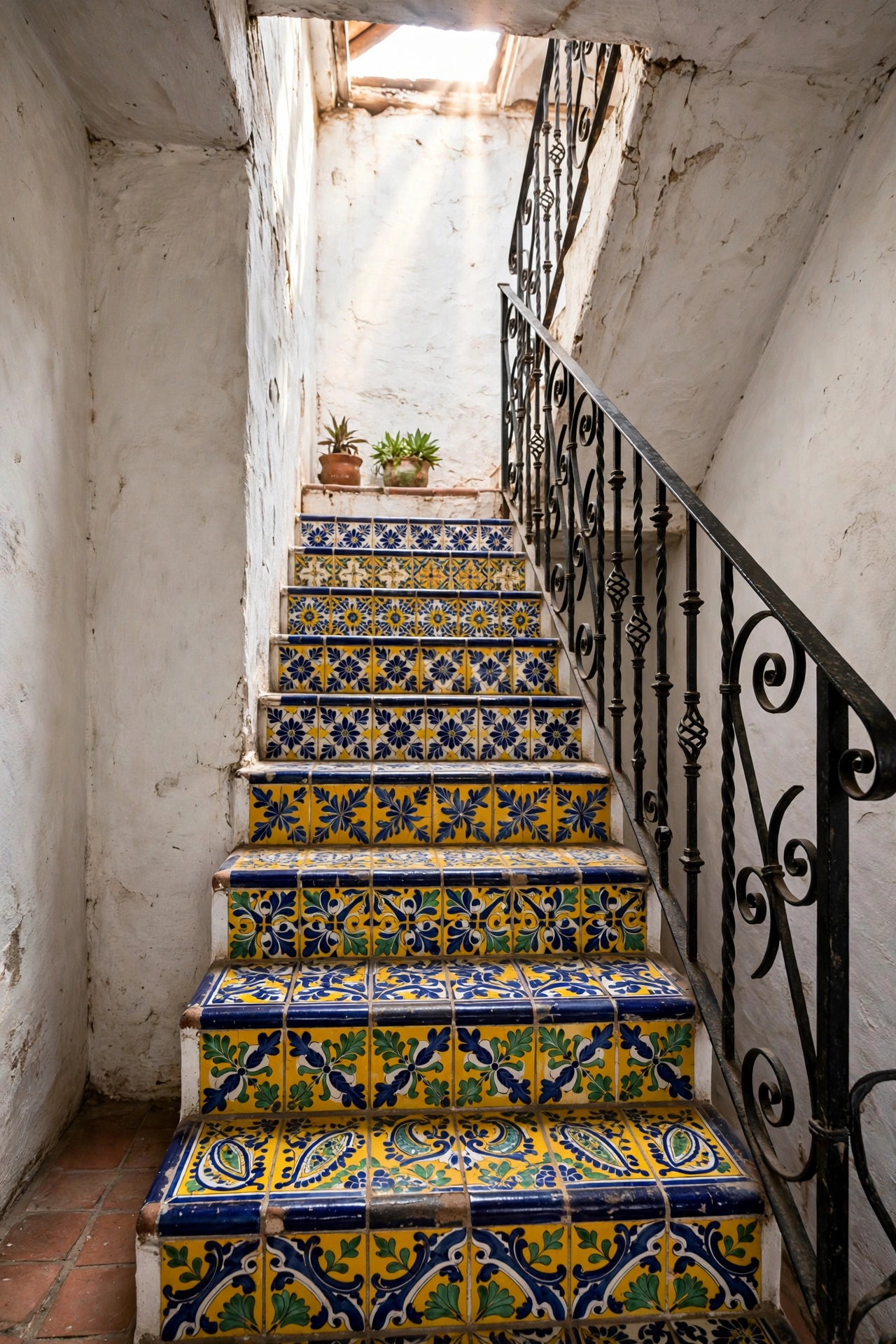 Staircase with hand-painted colorful Talavera tile risers and wrought iron railing