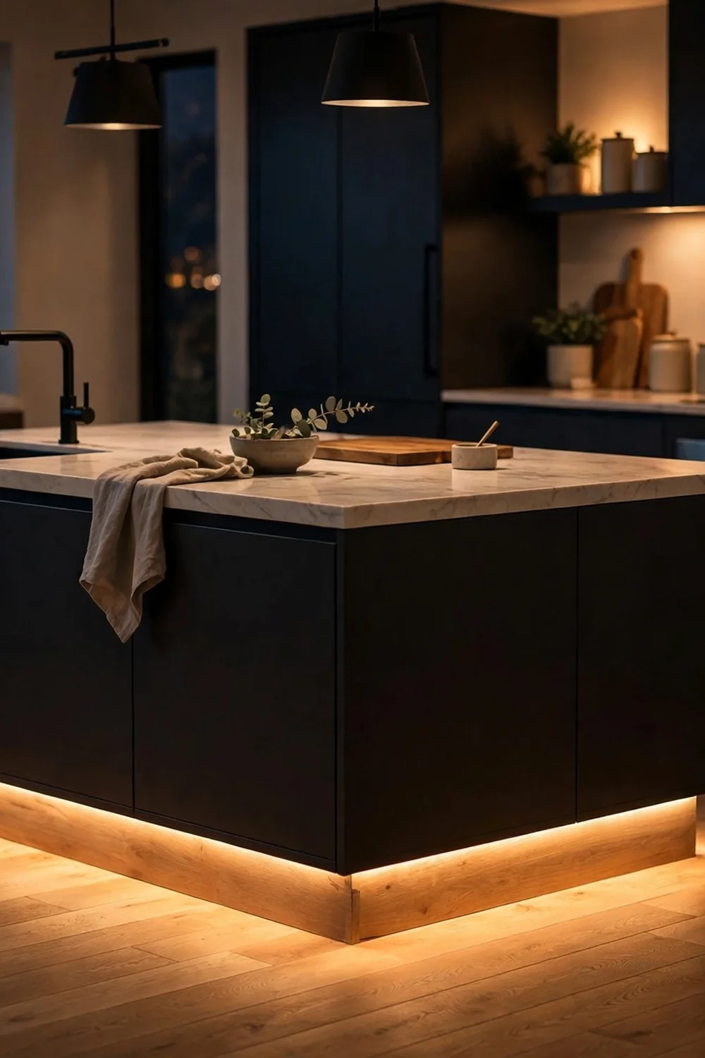 Kitchen island at night with warm LED toe-kick lighting glowing under the base cabinets