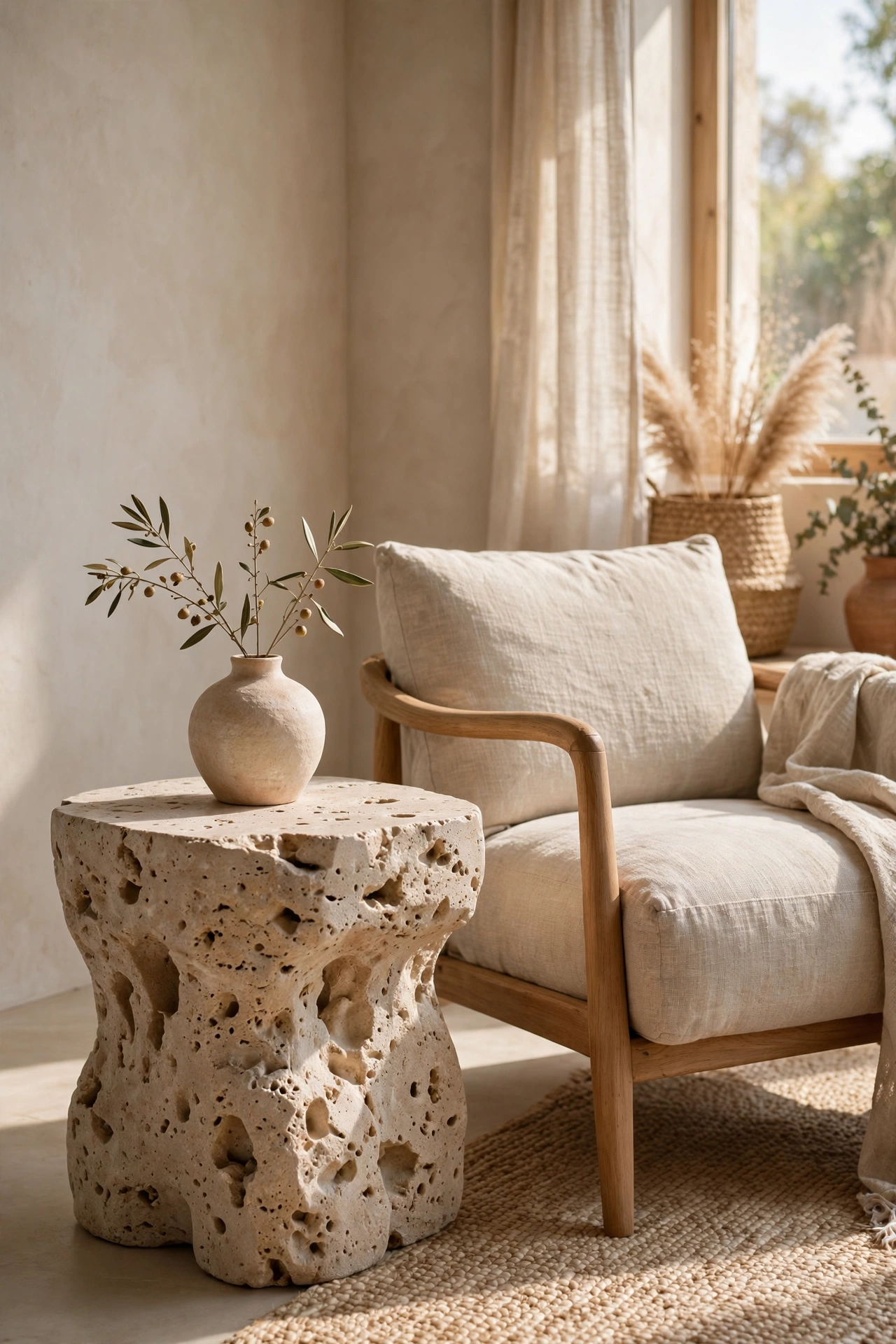 Travertine stone side table beside a linen armchair with a ceramic vase