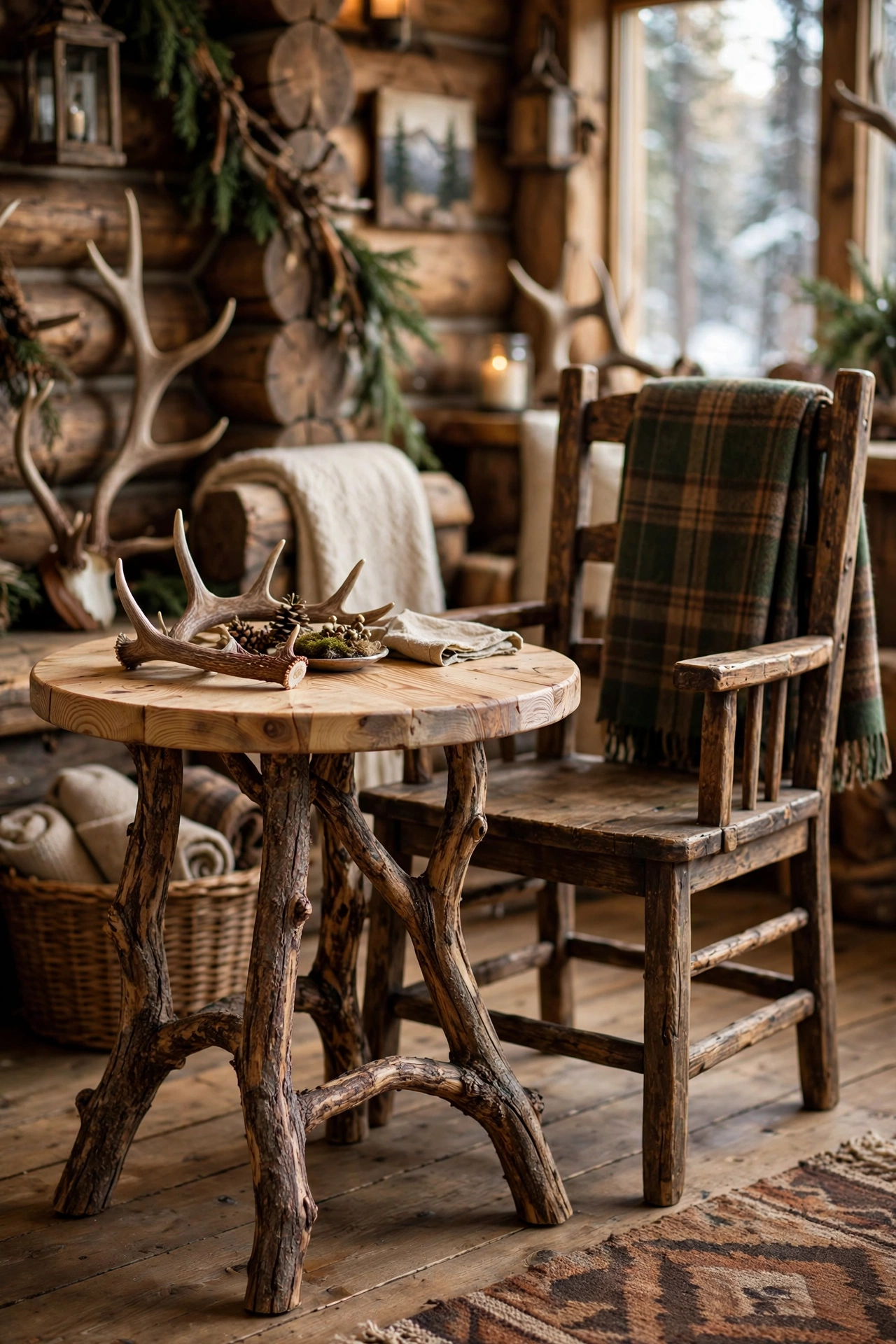 Wooden side table with gnarled tree branch legs beside a cabin chair
