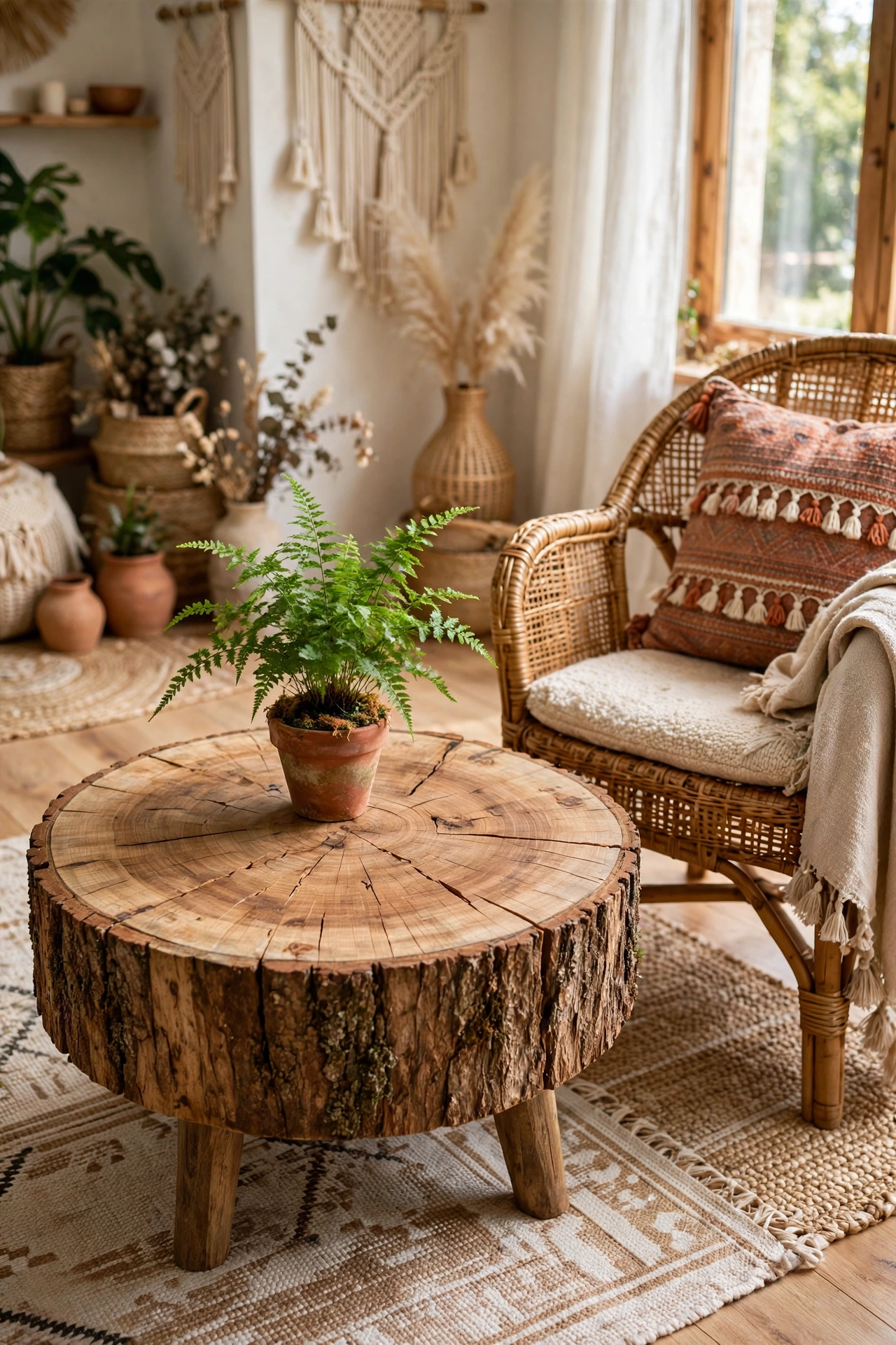 Round tree slice side table with bark edge beside a rattan chair with a fern