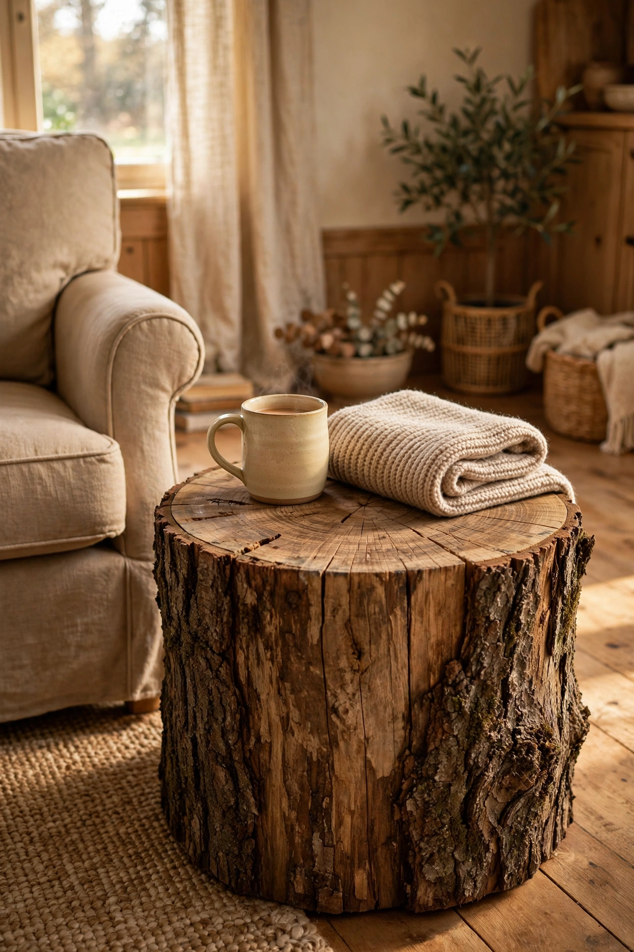 Rustic tree stump side table next to an armchair with a mug and blanket