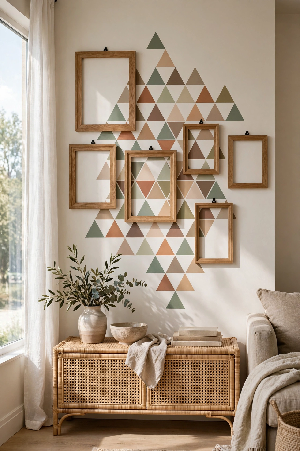 Living room wall with painted triangle cluster and framed art hung over it