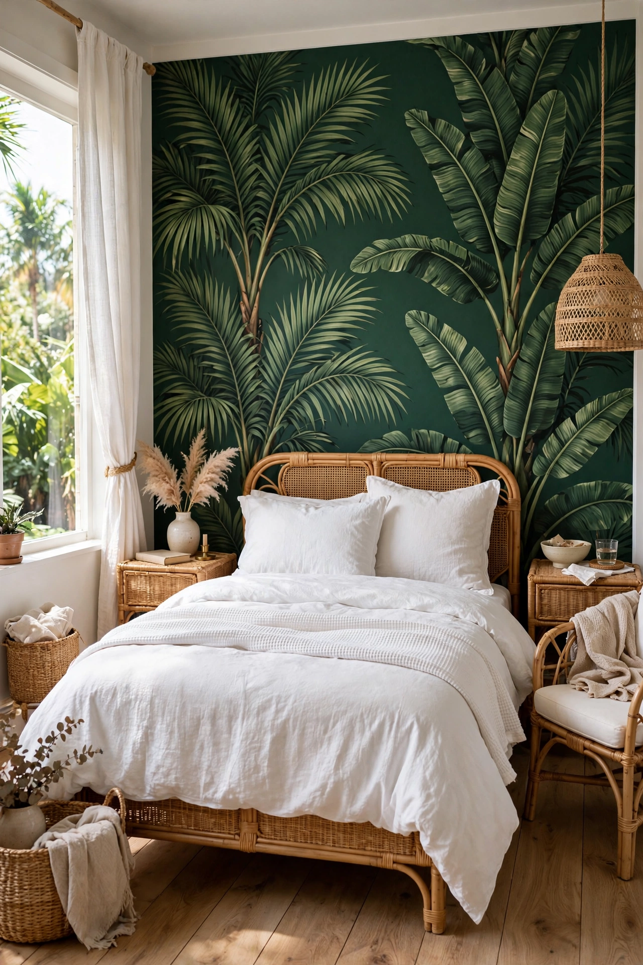 Bedroom with bold tropical palm and banana leaf wallpaper in deep green