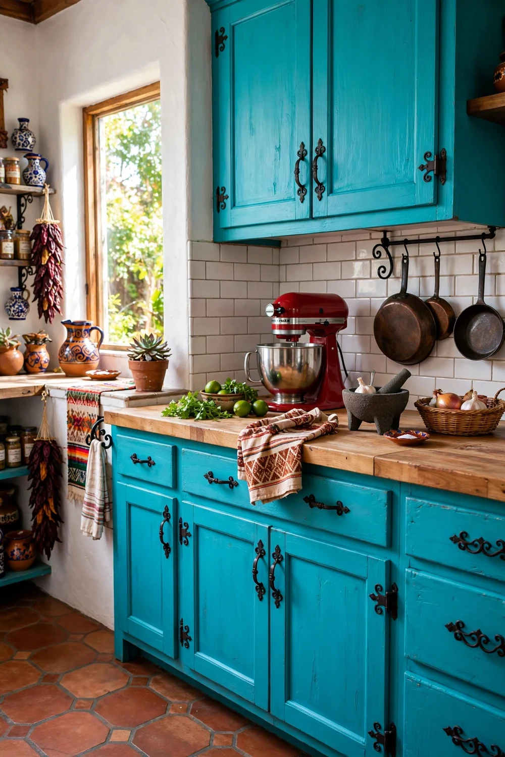 Bright turquoise blue painted kitchen cabinets with talavera tile accents