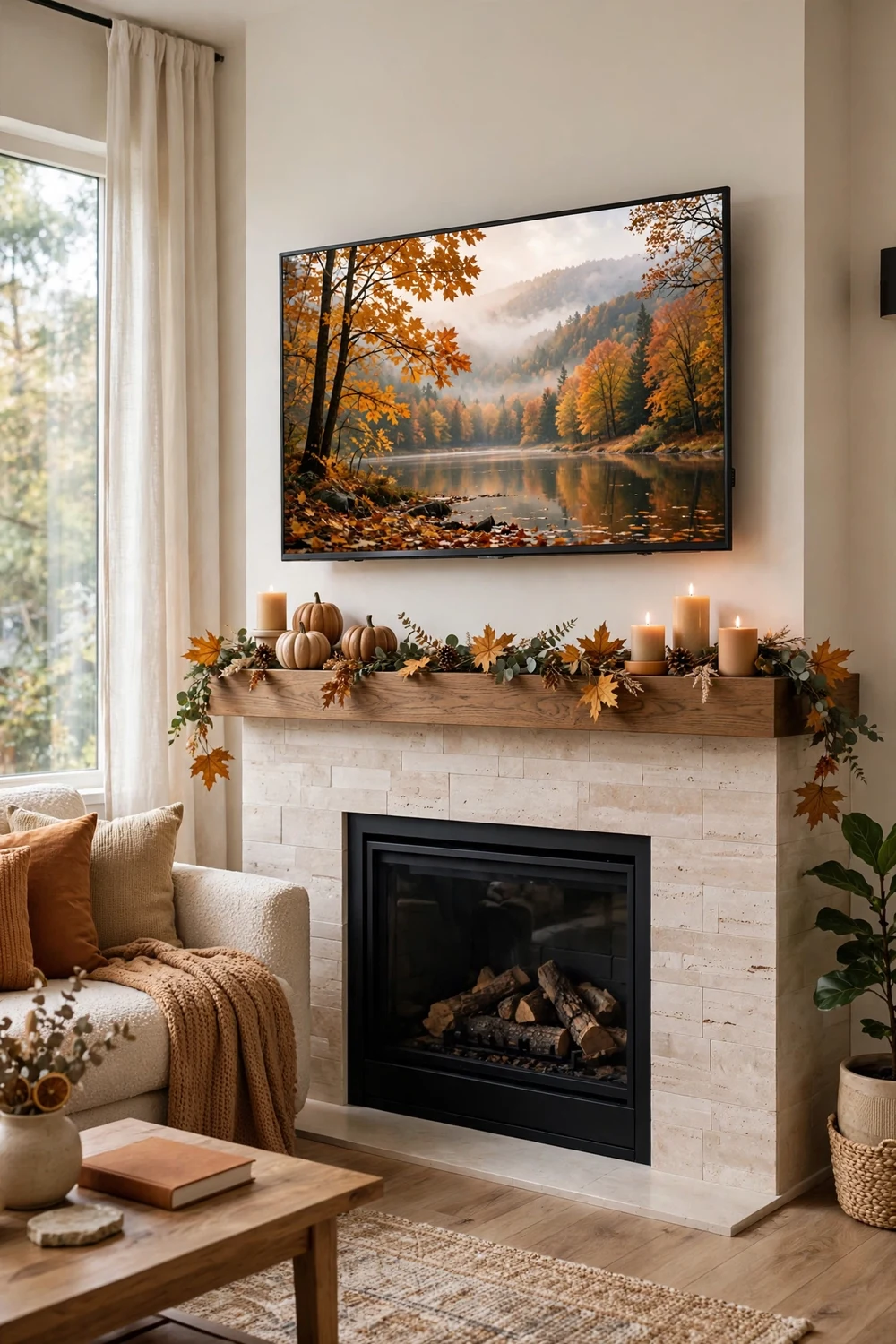 Fall mantel styled low beneath a wall mounted TV with autumn screensaver