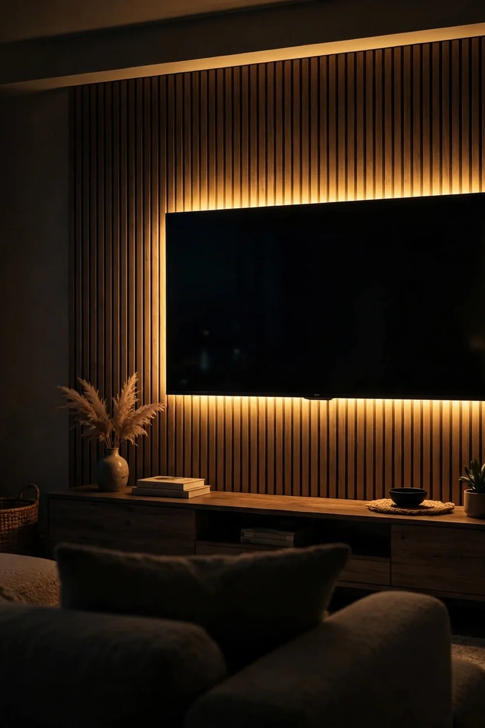 Living room at night with warm bias LED lighting glowing from behind a wall-mounted TV