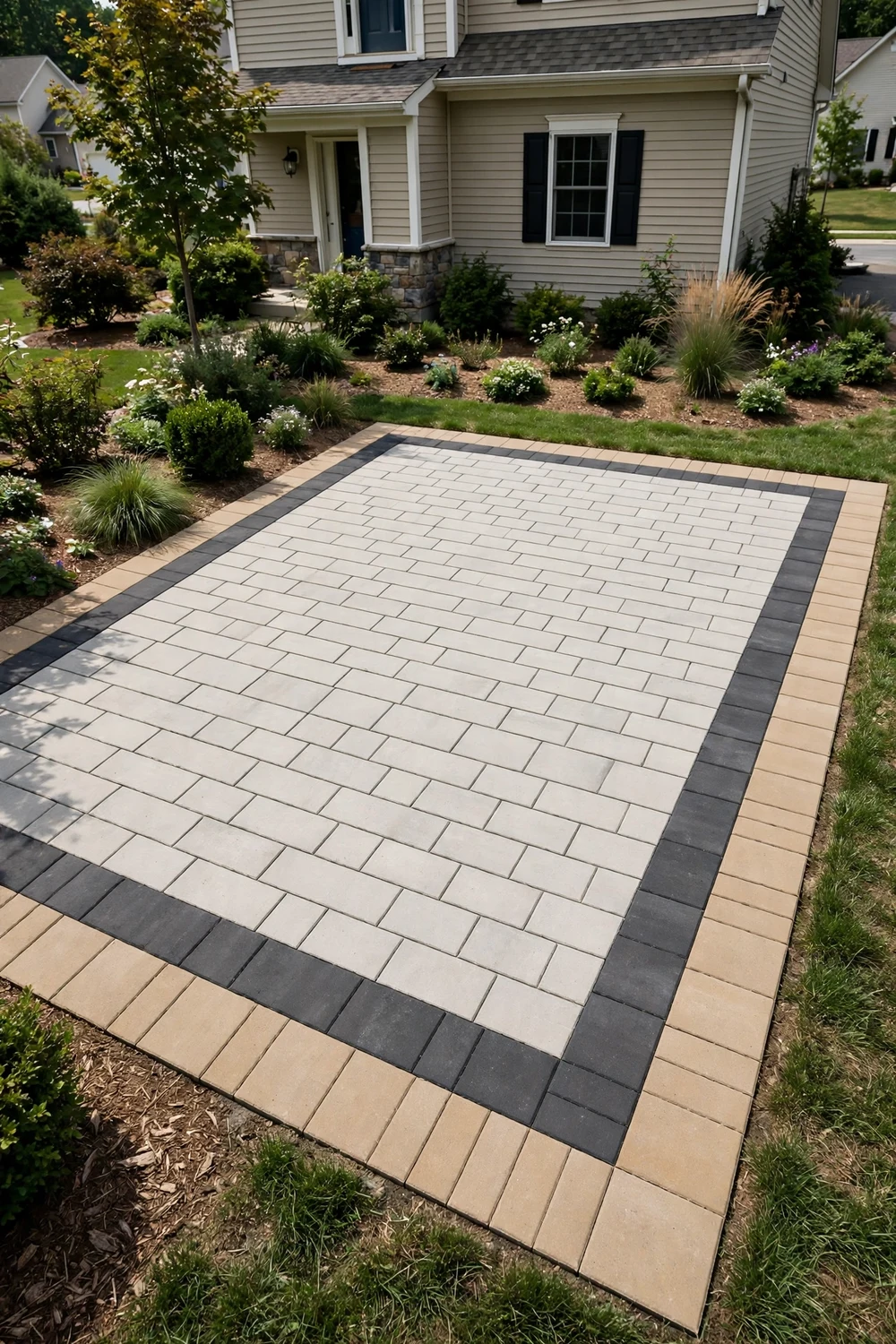 Paver patio with an elegant two-tone border inlay in contrasting concrete paver colors