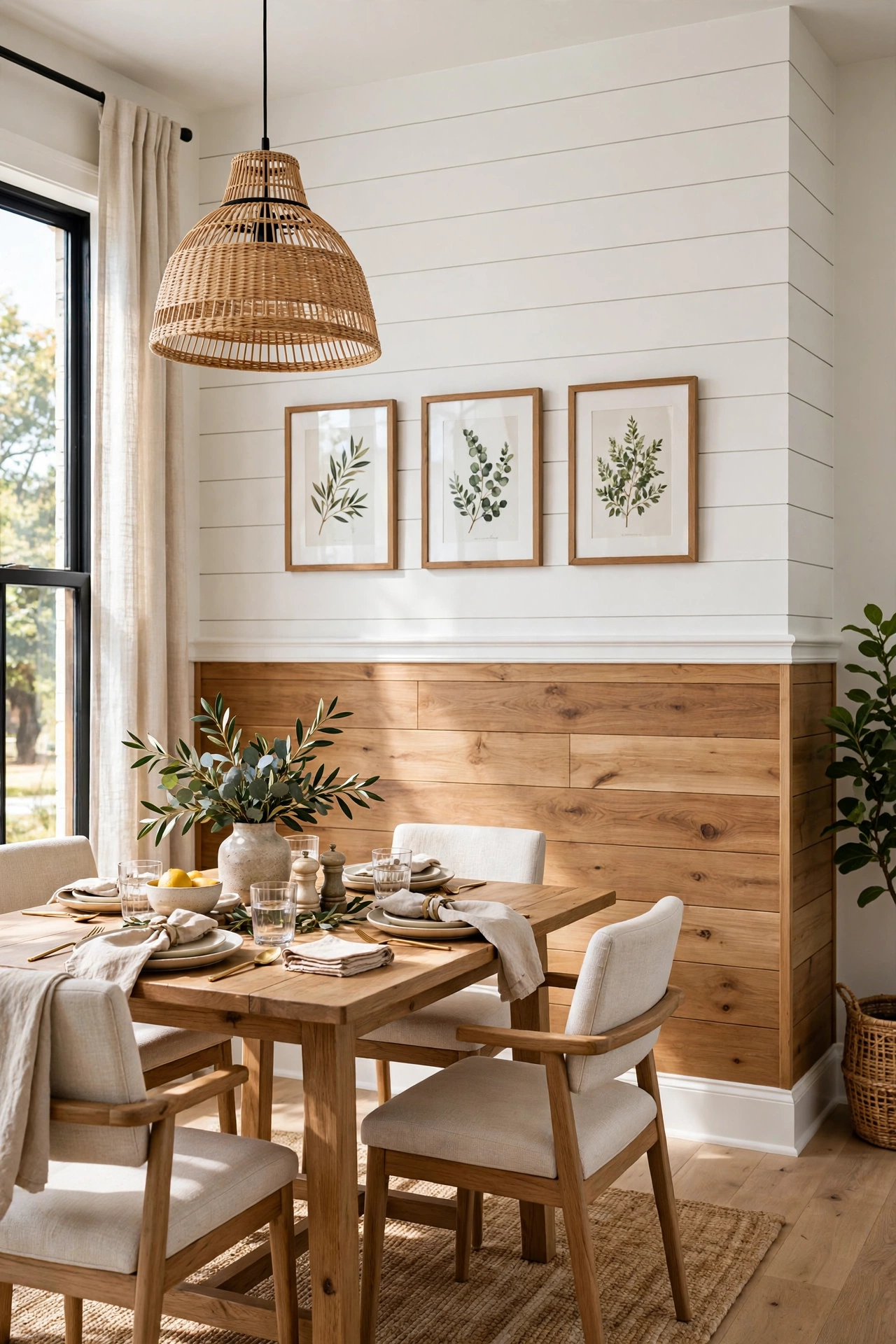 Dining room accent wall with two-tone shiplap: natural wood below, white above