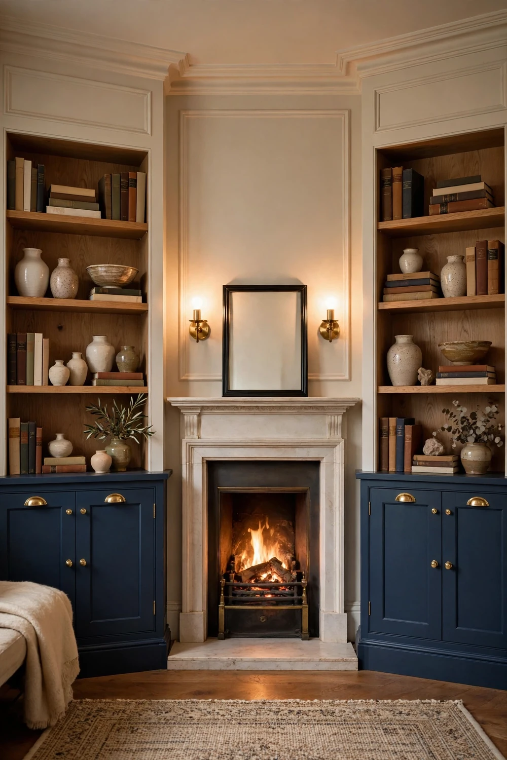 Dark lower cabinets with open wooden shelves above around a fireplace