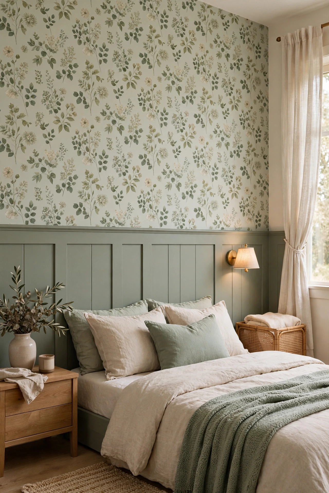 Bedroom wall with floral wallpaper above and solid painted wainscot below