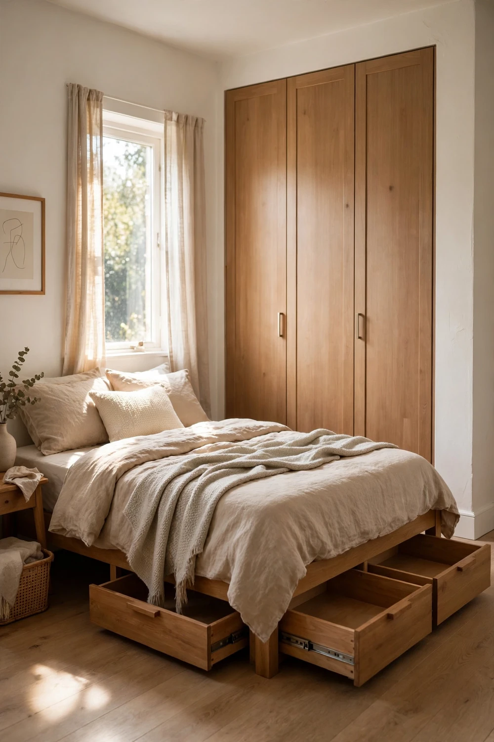 Small bedroom with a bed with pull-out under-bed drawers and a slim fitted wardrobe