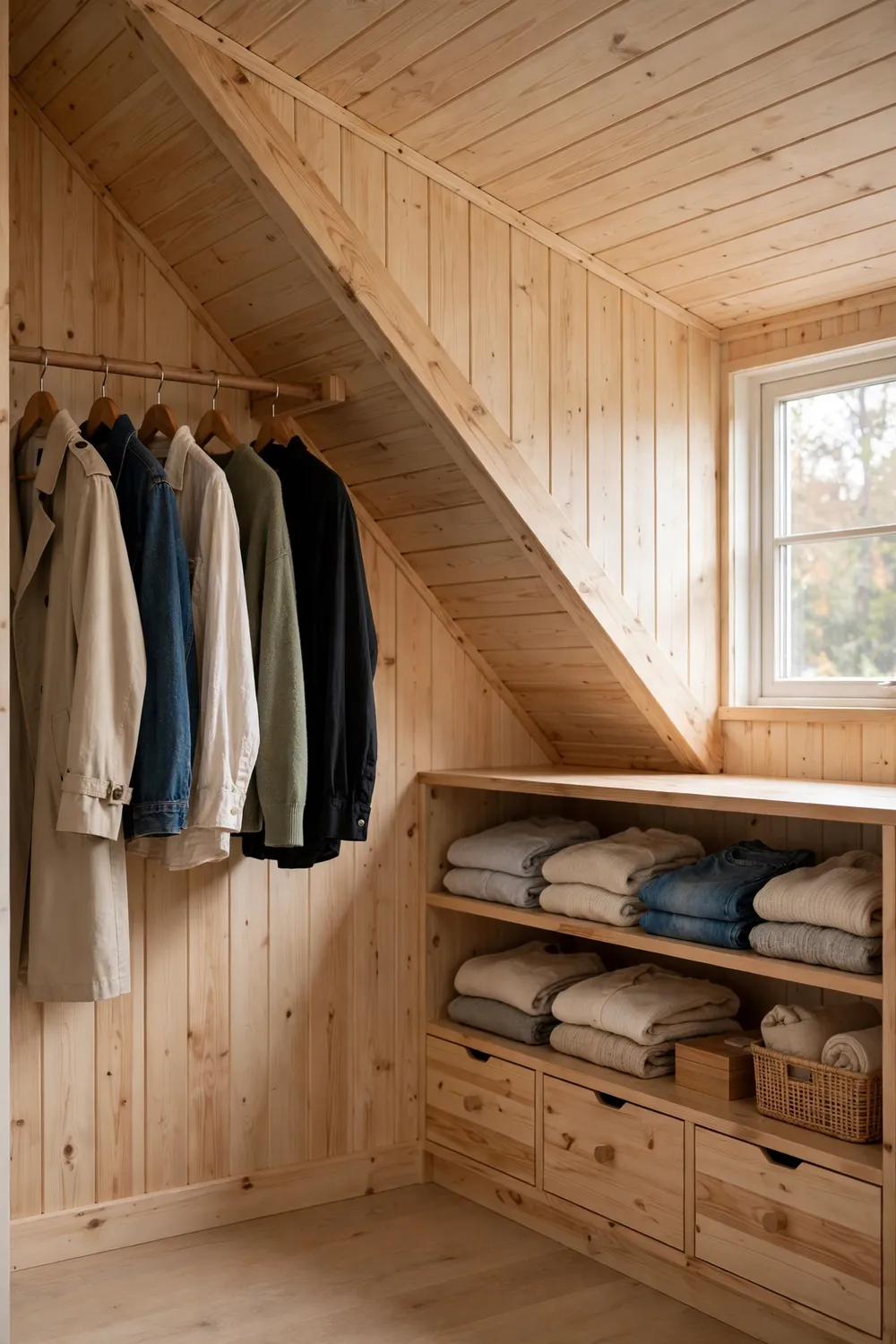 Custom closet built under a sloped attic eave with hanging clothes and shelves