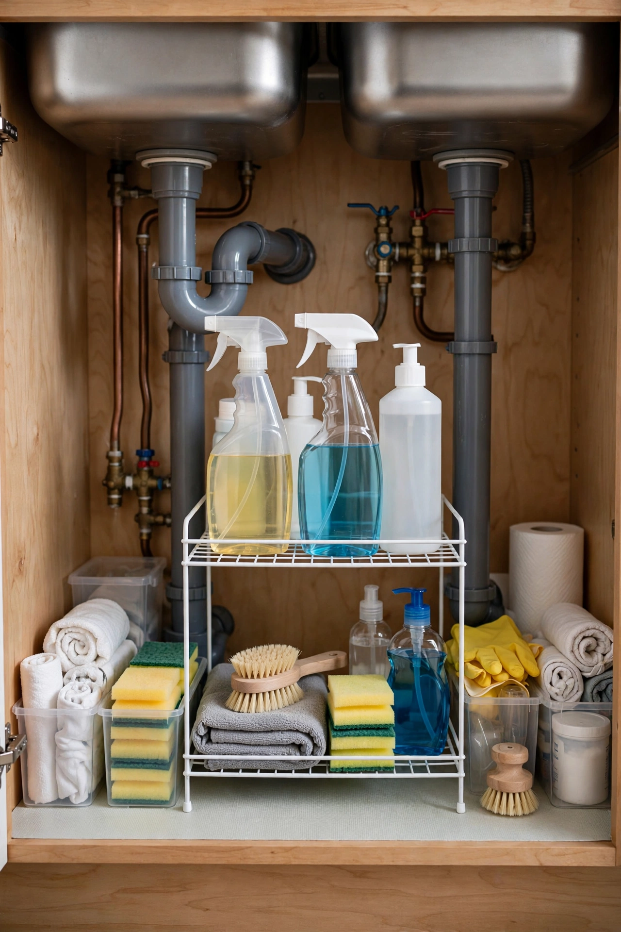 Under-sink cabinet organized with a tiered shelf and small bins for cleaning supplies