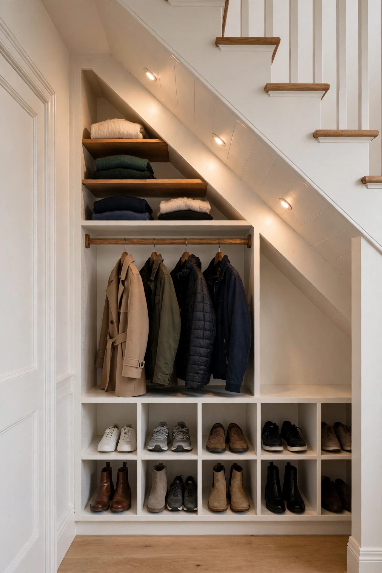 Open closet built under a staircase with hanging rod, shelves and shoe cubbies