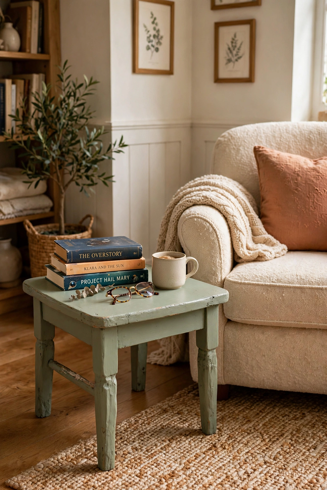 Upcycled chair seat side table in sage green paint beside a reading nook