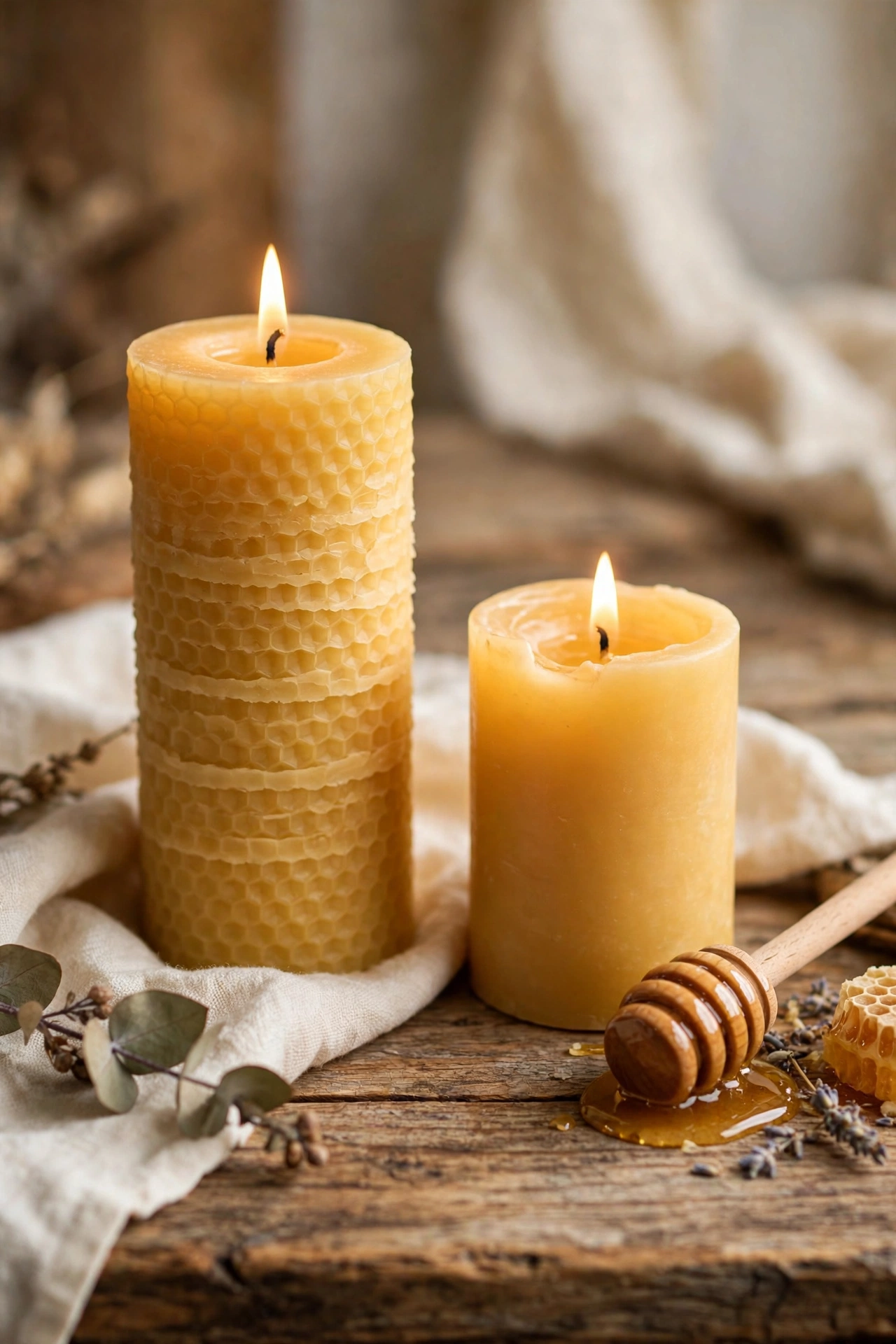 Golden beeswax pillar candles in vanilla cream tones on a rustic wooden table