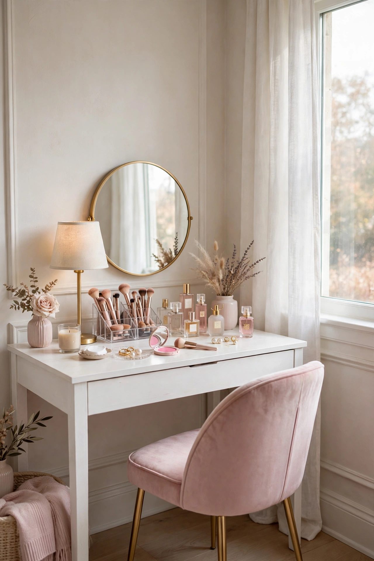 Teen girl vanity desk with round mirror, lamp, and makeup organizers in a bedroom corner