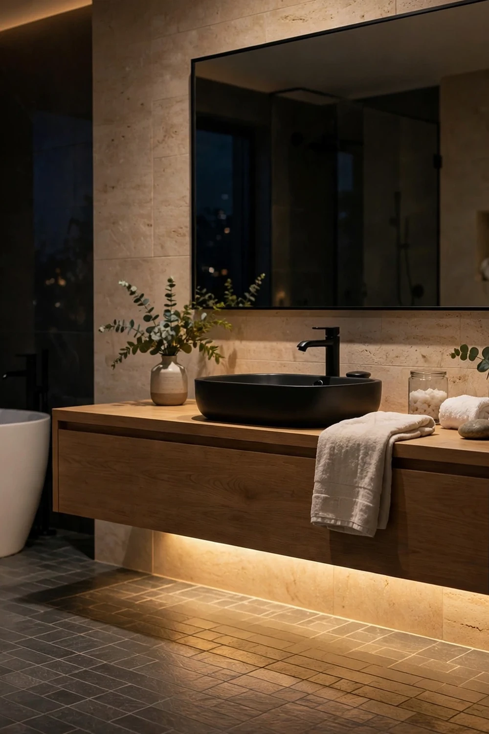 Bathroom at night with warm LED toe-kick lighting under a floating vanity