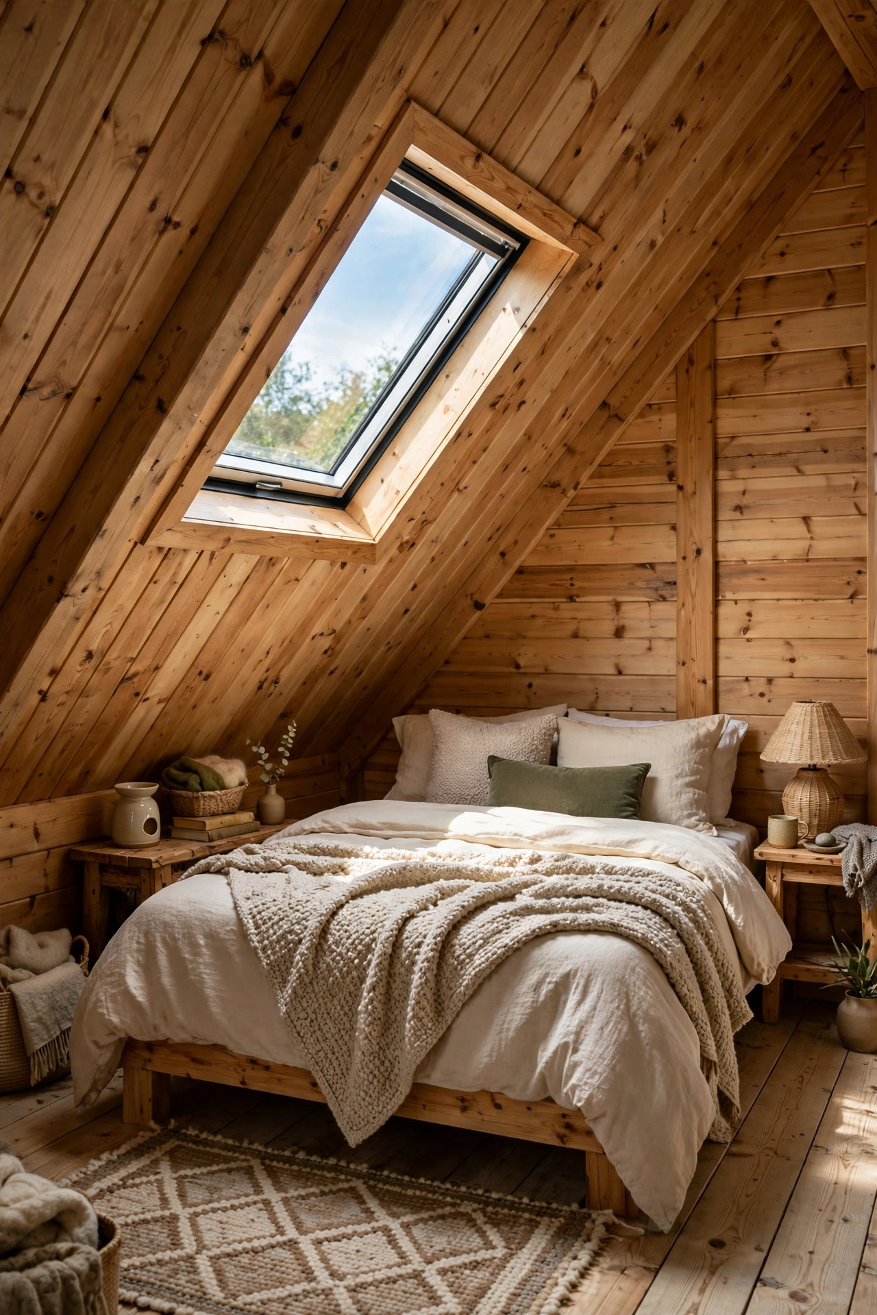 Wood plank ceiling following a vaulted sloped ceiling in a cabin bedroom