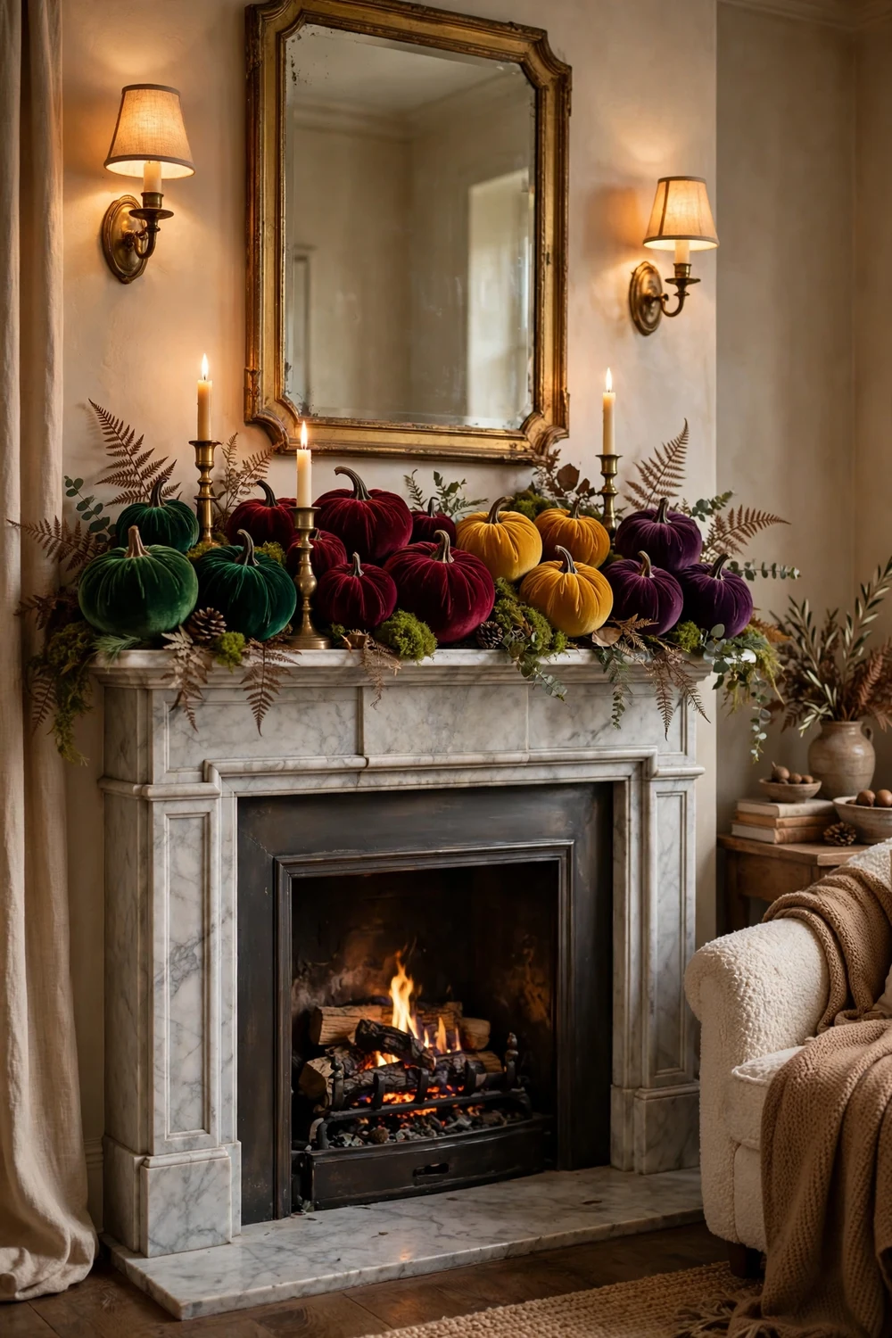 Velvet pumpkins in emerald burgundy and mustard on an elegant fall mantel