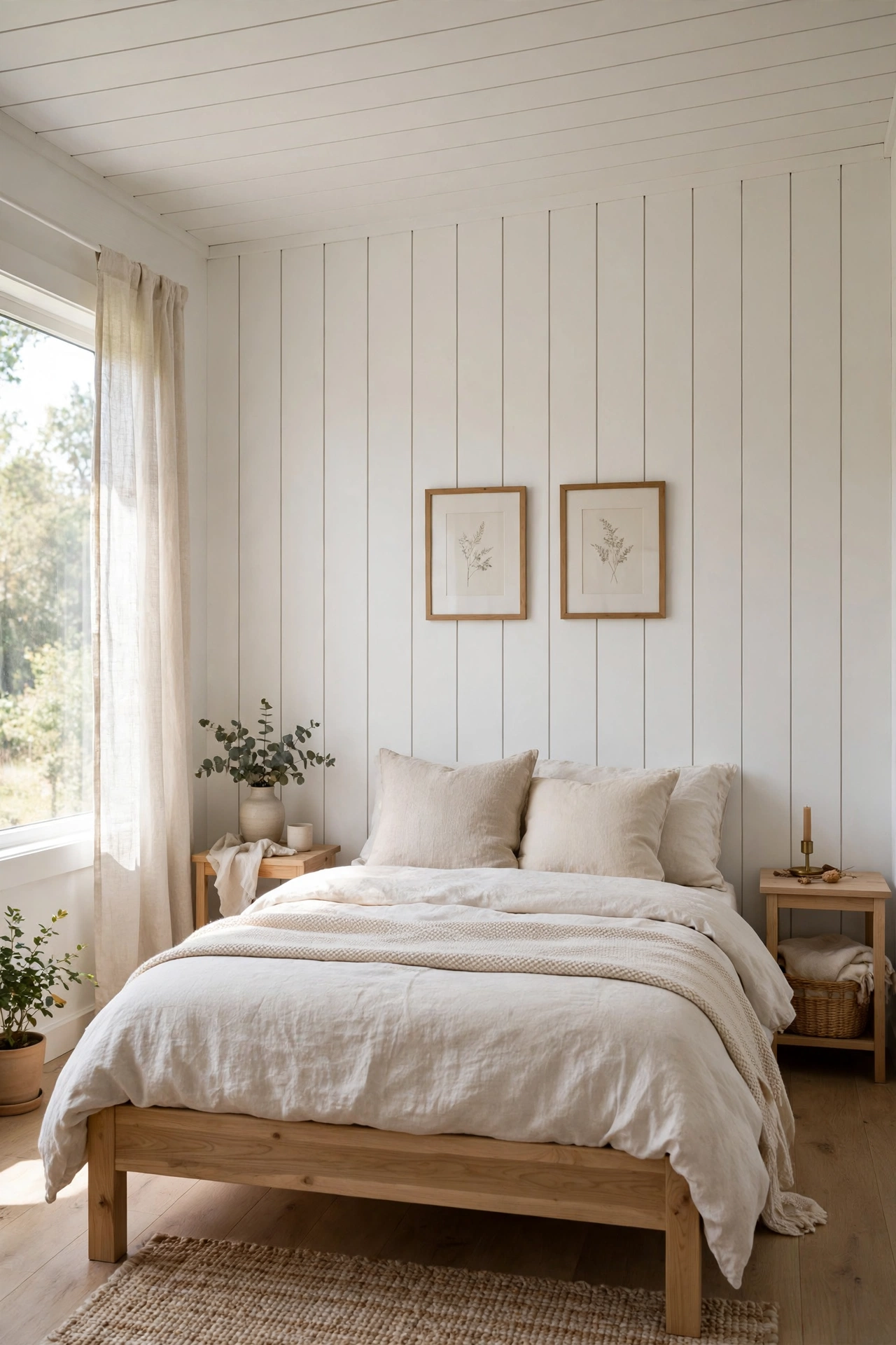 Small bedroom with white shiplap boards installed vertically to make the ceiling feel taller