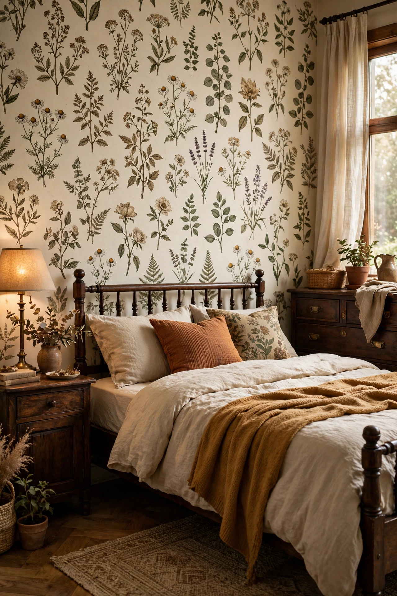 Bedroom with vintage botanical illustration floral wallpaper in aged cream tones