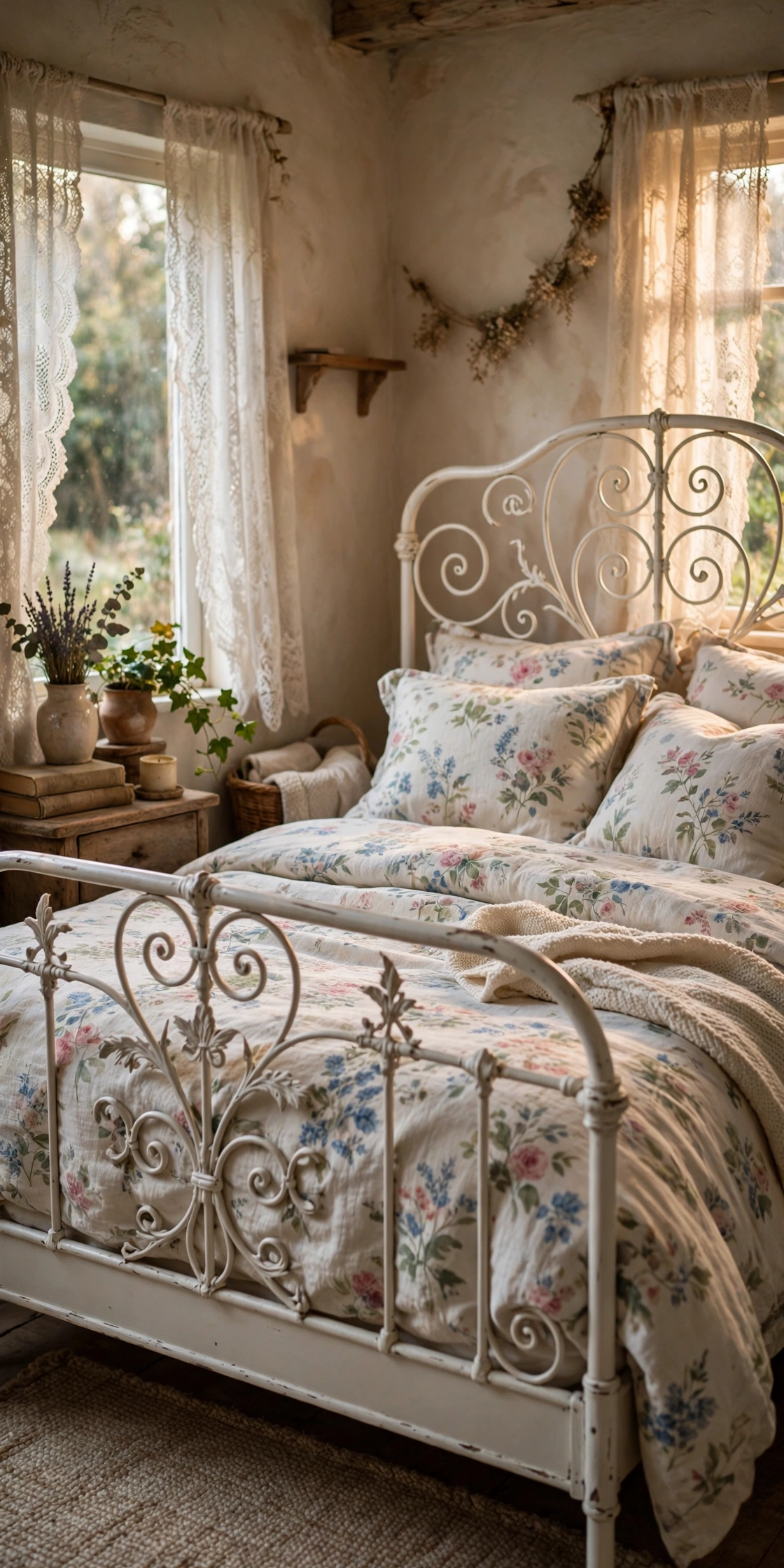 White vintage wrought iron bed frame with floral bedding in a sunlit cottage bedroom