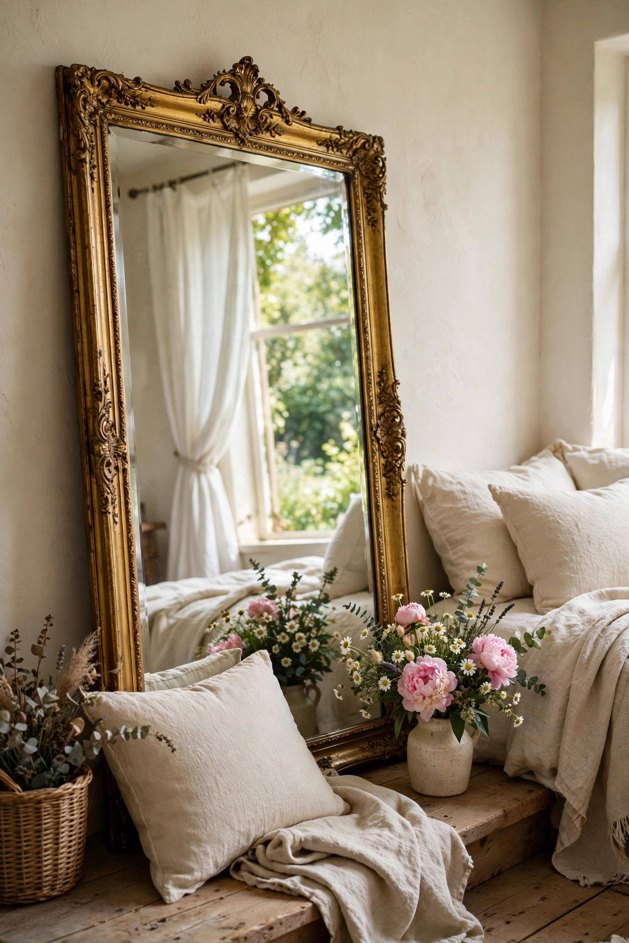 Ornate gold vintage mirror leaning against a bedroom wall reflecting daylight