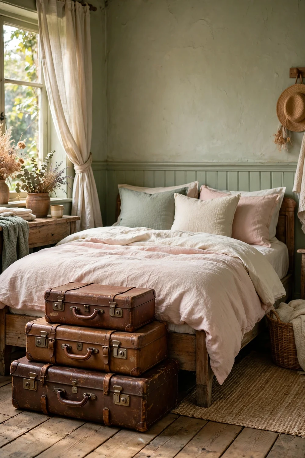 Stack of vintage leather suitcases at the foot of a bed used as cottage bedroom storage