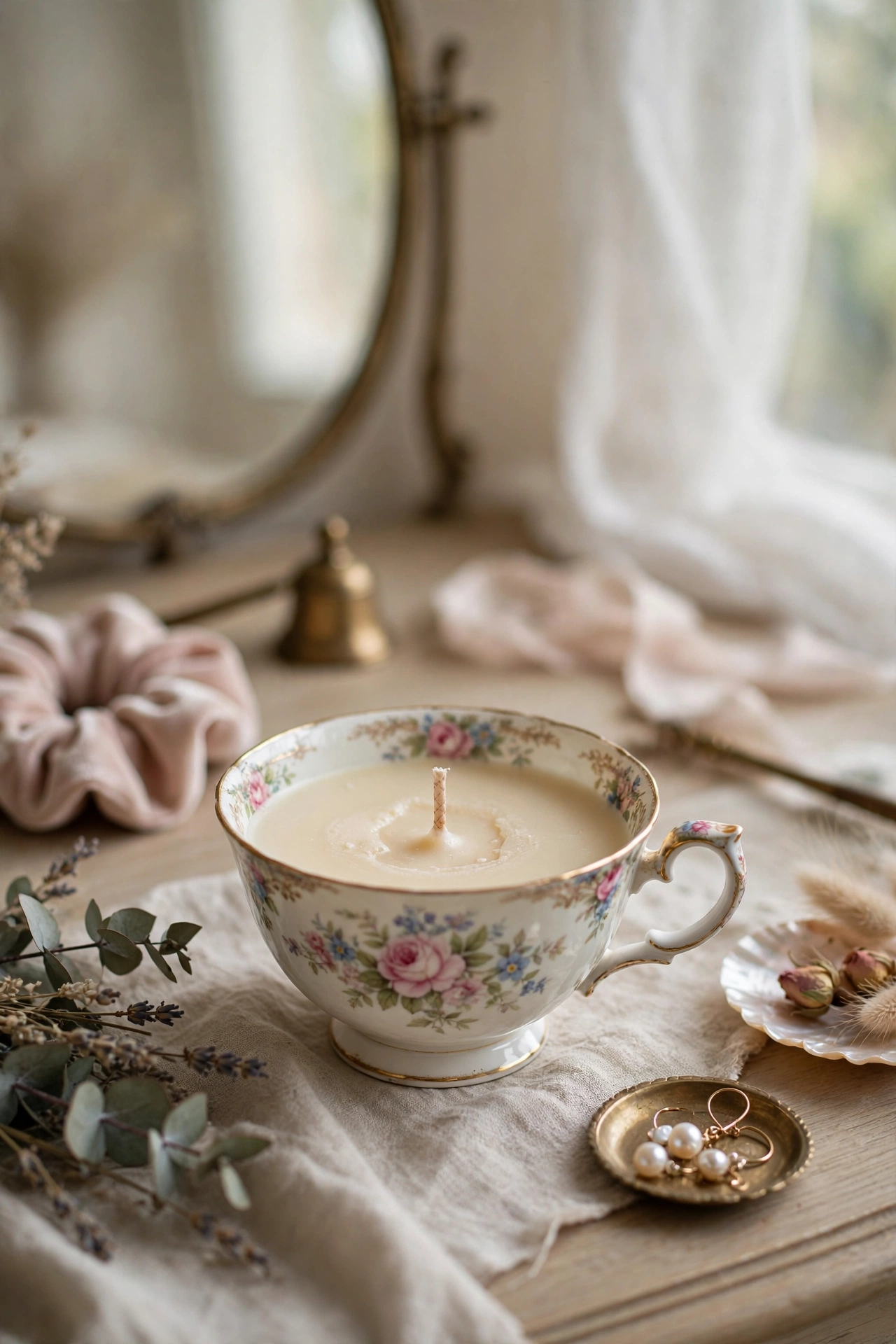 Scented candle poured into a vintage floral porcelain teacup on a vanity