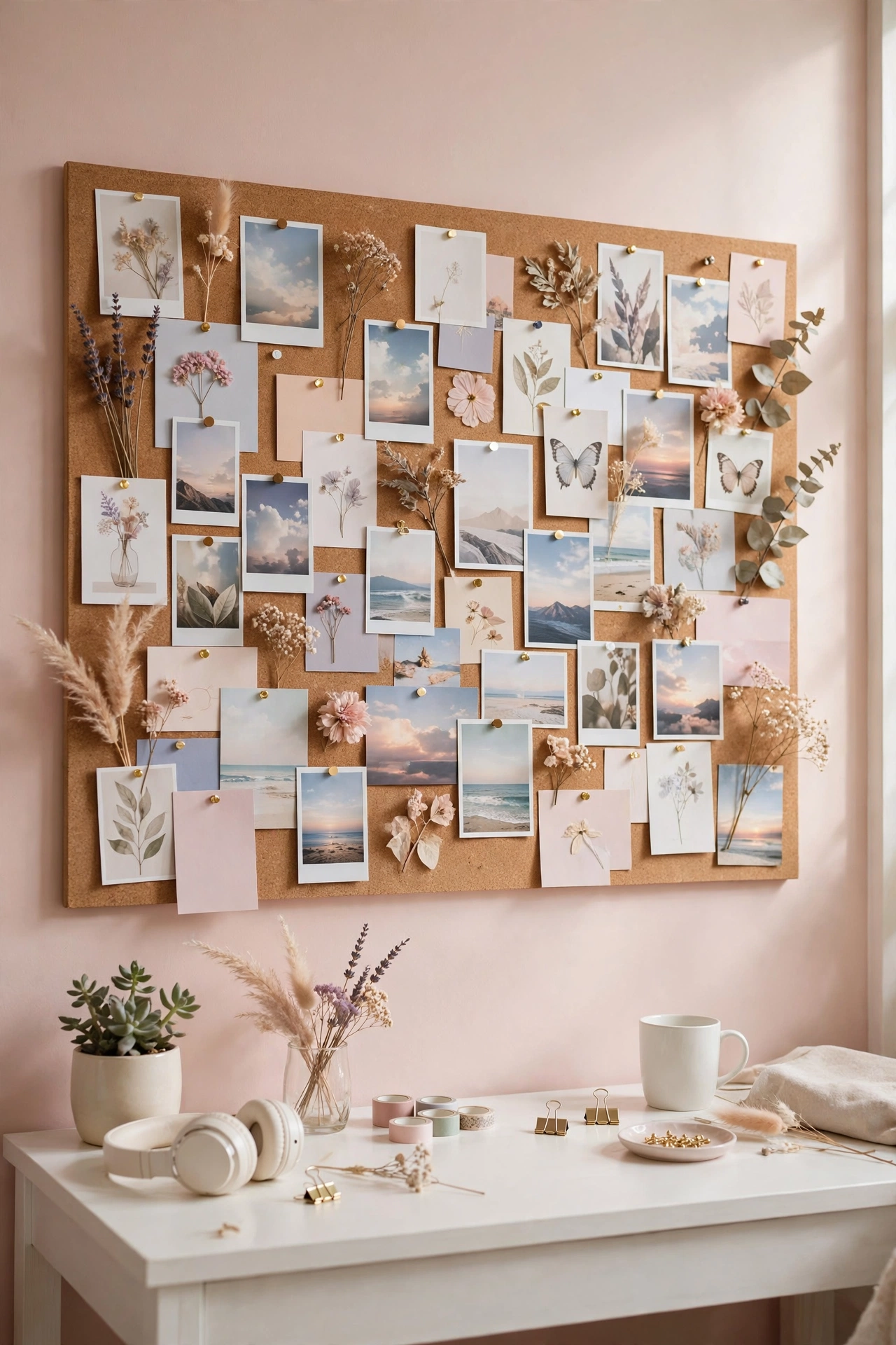 Corkboard vision board with aesthetic photos, postcards, and dried flowers above a teen desk