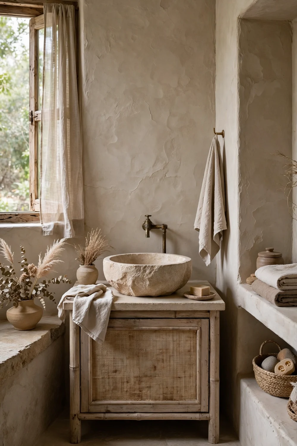 Wabi-sabi bathroom in earthy neutral colors, warm white, beige, sand and taupe palette, calm and soft