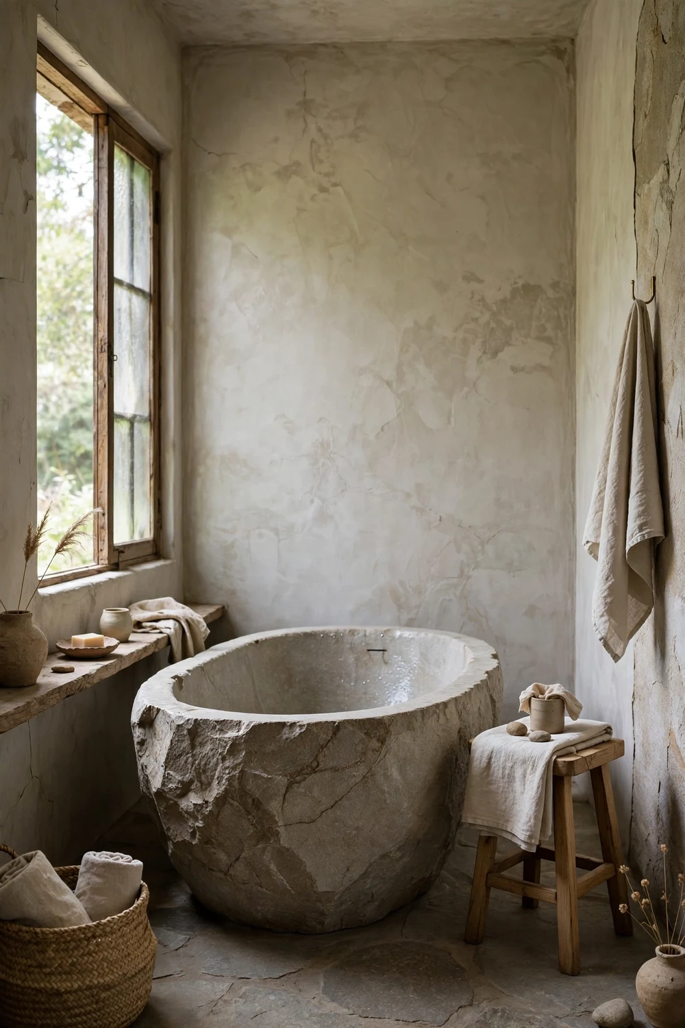 Wabi-sabi bathroom with a freestanding natural stone bathtub as the centerpiece of a serene space