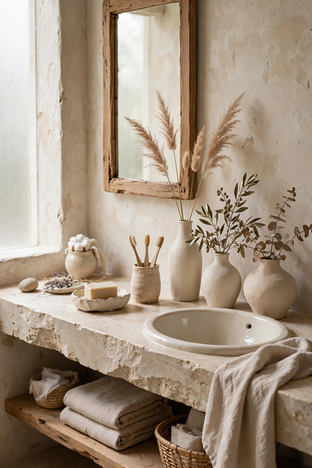 Wabi-sabi bathroom with handmade ceramic soap dish, toothbrush holder and vases in ivory and beige tones