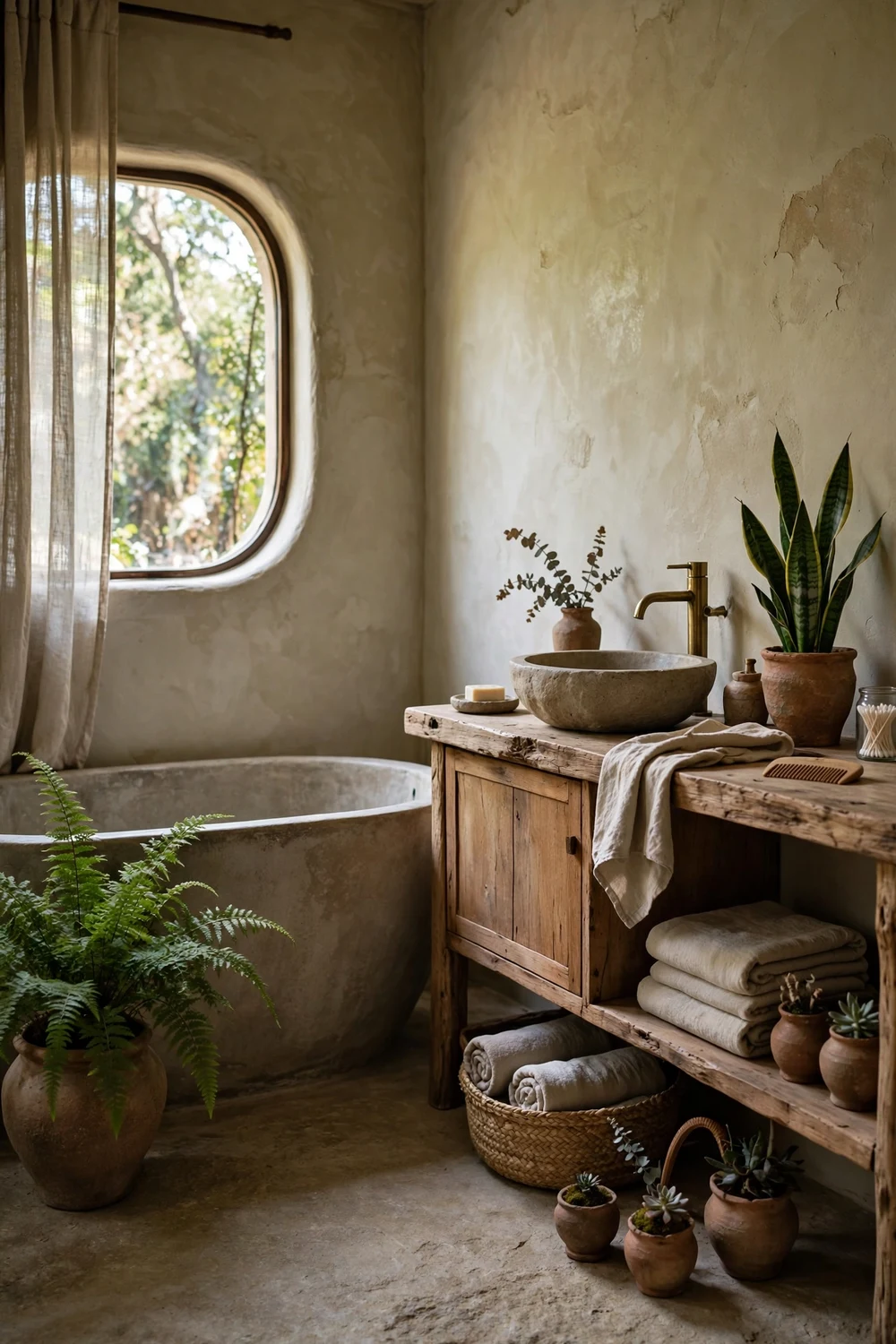 Wabi-sabi bathroom with indoor greenery, fern beside the bathtub and snake plant near the vanity in clay pots
