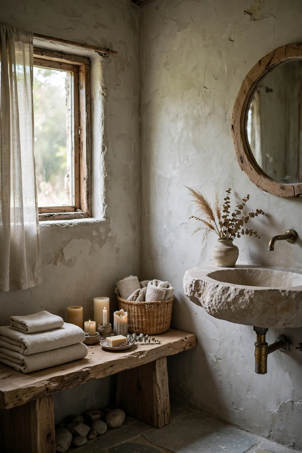 Wabi-sabi bathroom with a low wooden bench holding folded towels and candles, handcrafted unfinished wood