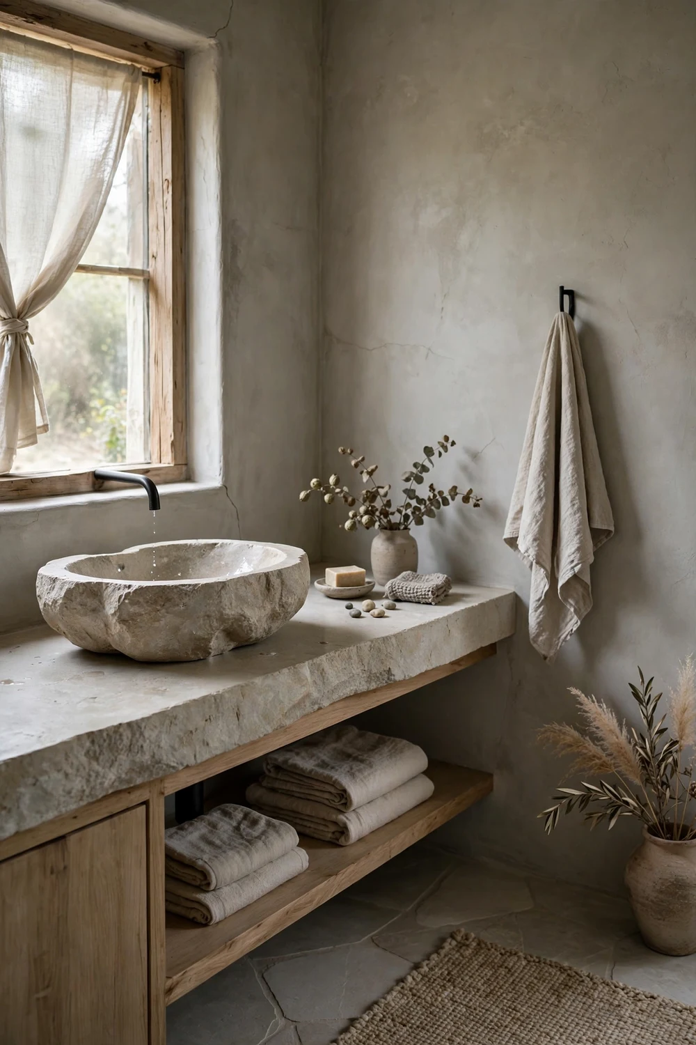 Wabi-sabi bathroom with natural stone sink and countertop in soft gray and beige tones with matte finishes