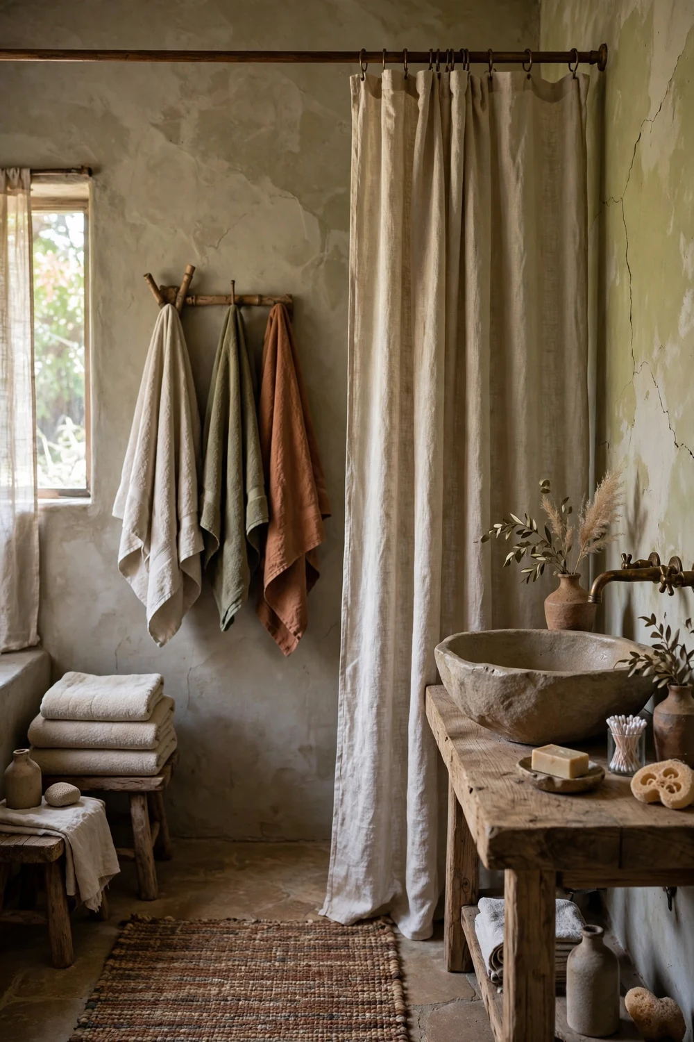 Wabi-sabi bathroom with natural linen shower curtain, cotton towels and woven bath mat in earthy colors