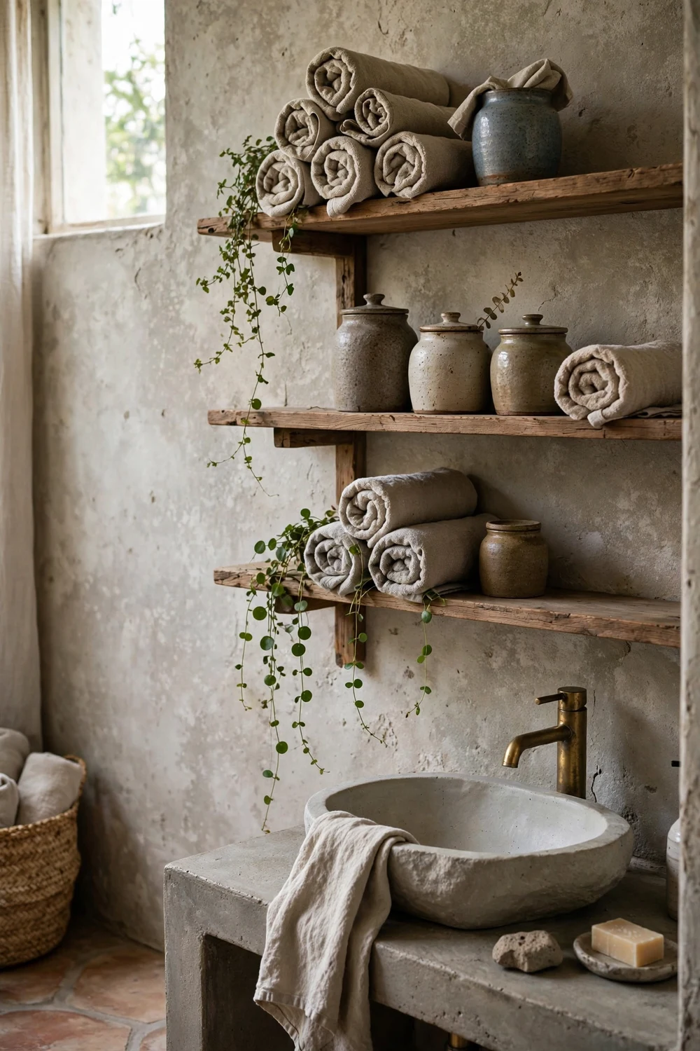 Wabi-sabi bathroom with open wooden shelves holding rolled towels, ceramic jars and a small trailing plant