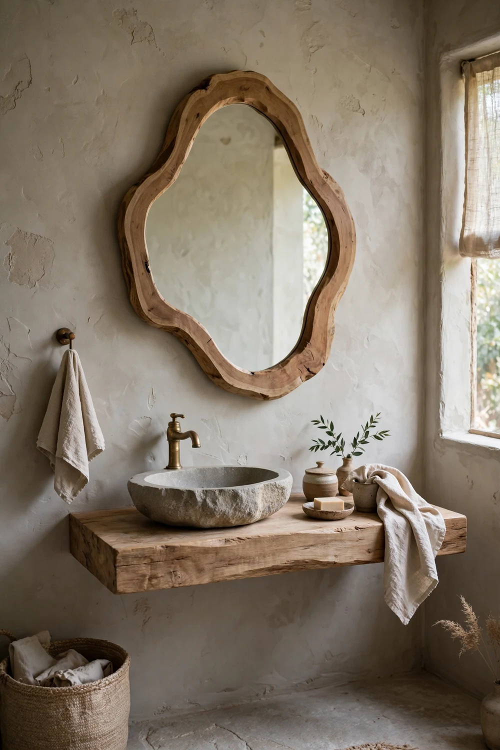 Wabi-sabi bathroom with irregular organic-shaped wooden-framed mirror above a floating wood vanity